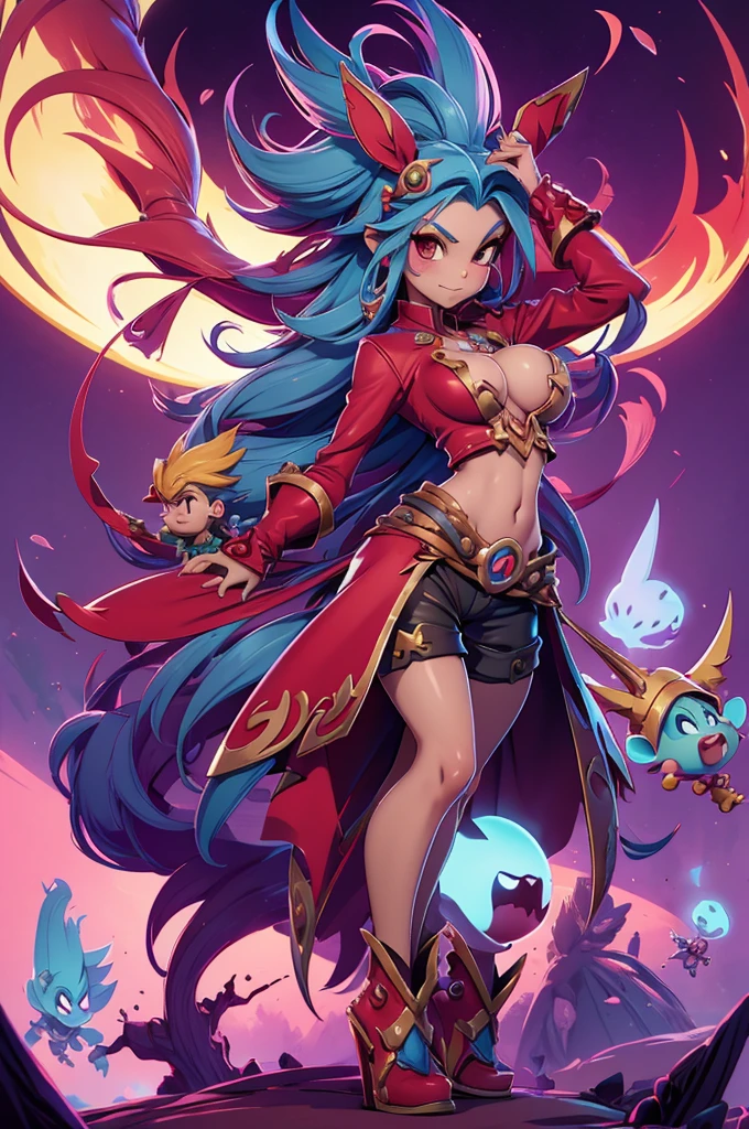 arvore estilo rayman legends, character estilo art rayman legends, girl and boy, corpo inteiro, ESTILO VIKING, acessórios gigantes,giant monster, big breats,Little bunny, (shorts),big breast, , sensuality, red dress