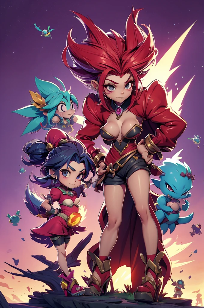 arvore estilo rayman legends, character estilo art rayman legends, girl and boy, corpo inteiro, ESTILO VIKING, acessórios gigantes,giant monster, big breats,Little bunny, (shorts),big breast, , sensuality, red dress