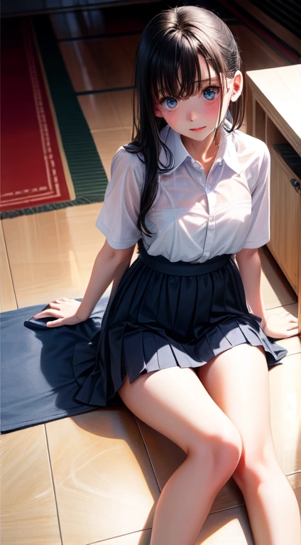 High resolution, Highest quality,  super high quality, Very detailed, Cinema Lighting、living room、uniform、Embarrassing、Sweaty、Sweat、Eyes from below、Girl seen from the floor、Low - Angle、 See through、whole body、Butt、Thighs、Tight
