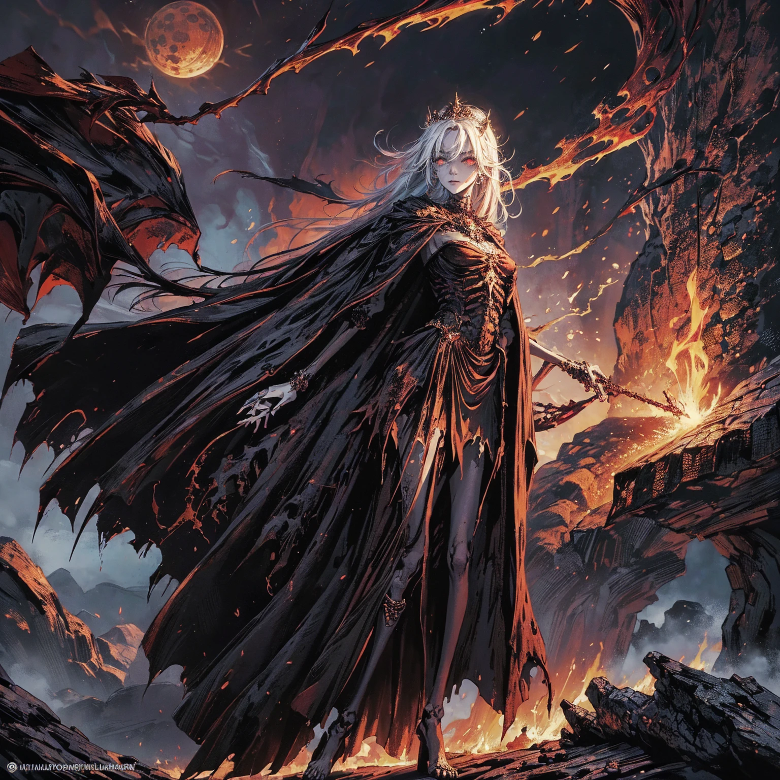 (full body:1.5), (wide shot:1.2), best quality, 4K, high resolution, (masterpiece:1.2), Very detailed, (actual:1.37), (anatomically correct:1.2), Mood lighting, A black hair young undead girl in a long cape, Whole body including hands & arms & legs & feet are all skeleton bones but except the head is still beautiful human face, Wearing a ragged gothic skirt, Shaded expression, Aloofness emotion, Dangerous sneer, beautiful but sorrowful smile, Black tears of blood flowed from eyes, lean on one side floating above ground, Facing the camera, Crucified, Pitch black sky, Blood-red moon, strange atmosphere, Gothic style, Unforgettable beauty, Dramatic shadows, Ethereal Light, Mysterious atmosphere, Necromancer, Dark Magic, Resurrection of the Dead, Resurrected zombies and skeletons roaming around, bone dragon, pathfinder: wrath of the righteous: lich myth path.