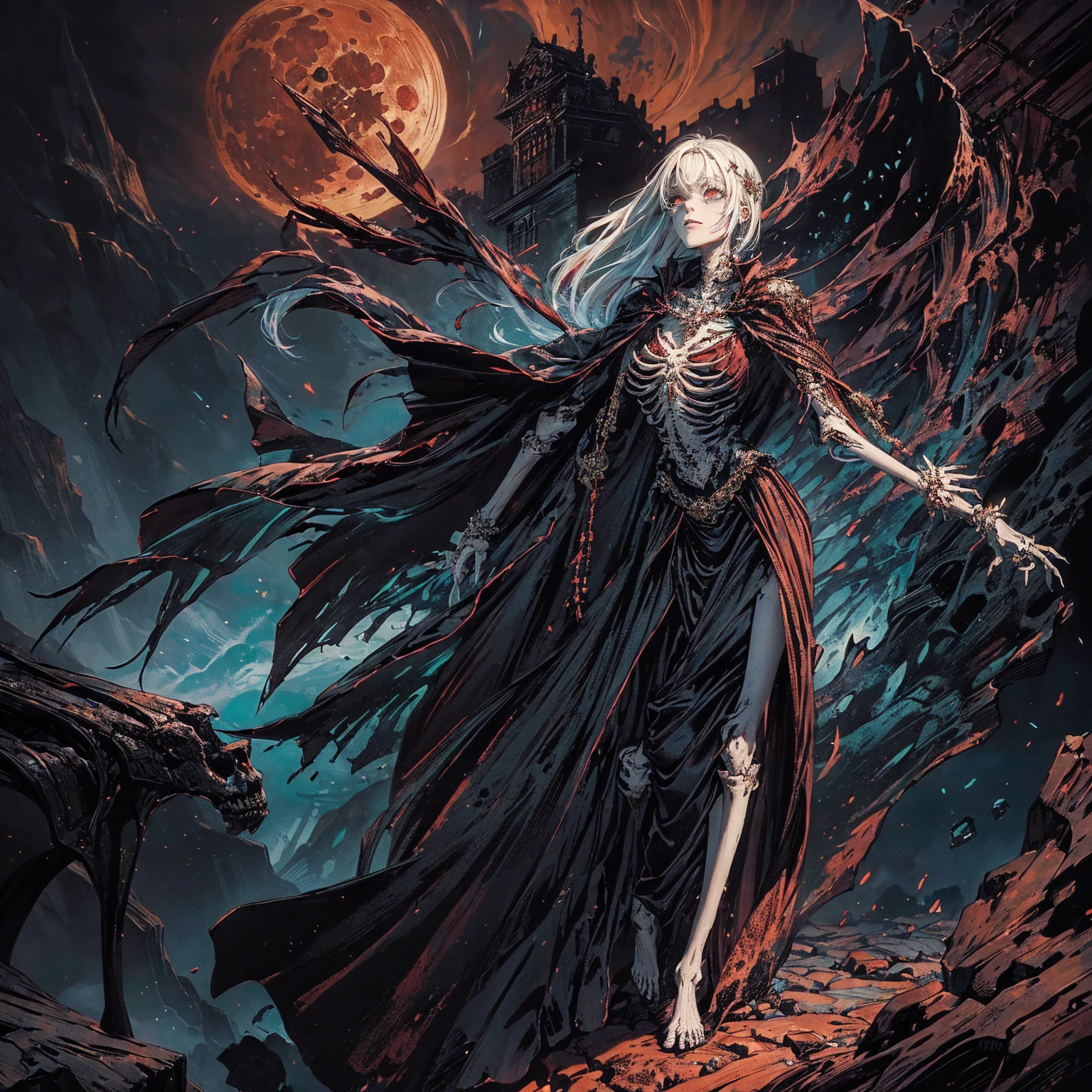 (full body:1.5), (wide shot:1.2), best quality, 4K, high resolution, (masterpiece:1.2), Very detailed, (actual:1.37), (anatomically correct:1.2), Mood lighting, A black hair young undead girl in a long cape, Whole body including hands & arms & legs & feet are all skeleton bones but except the head is still beautiful human face, Wearing a ragged gothic skirt, Shaded expression, Aloofness emotion, Dangerous sneer, beautiful but sorrowful smile, Black tears of blood flowed from eyes, lean on one side floating above ground, Facing the camera, Crucified, Pitch black sky, Blood-red moon, strange atmosphere, Gothic style, Unforgettable beauty, Dramatic shadows, Ethereal Light, Mysterious atmosphere, Necromancer, Dark Magic, Resurrection of the Dead, Resurrected zombies and skeletons roaming around, bone dragon, pathfinder: wrath of the righteous: lich myth path.