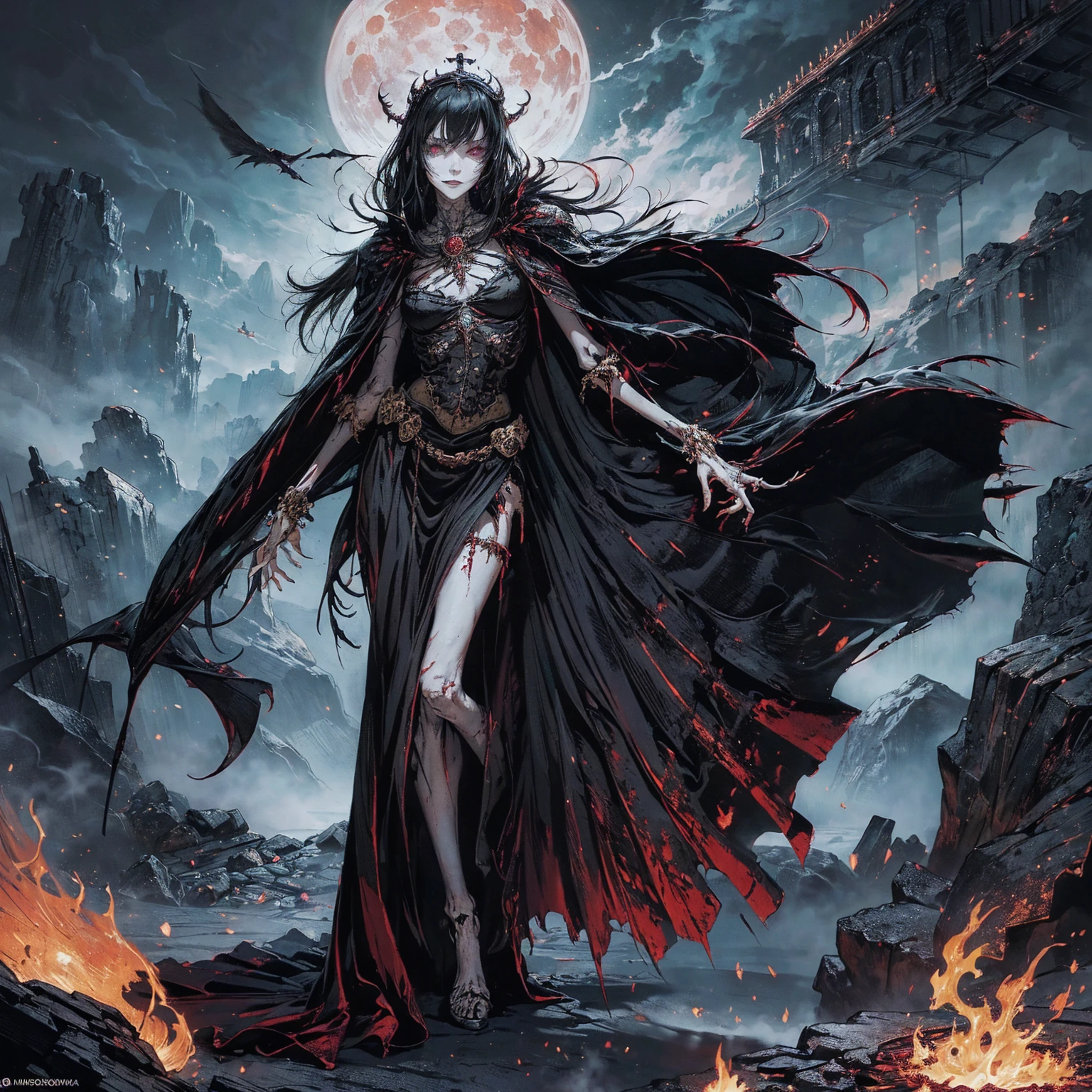 (full body:1.5), (wide shot:1.2), best quality, 4K, high resolution, (masterpiece:1.2), Very detailed, (actual:1.37), (anatomically correct:1.2), Mood lighting, A black hair young undead girl in a long cape, Whole body including hands & arms & legs & feet are all skeleton bones but except the head is still beautiful human face, Wearing a ragged gothic skirt, Shaded expression, Aloofness emotion, Dangerous sneer, beautiful but sorrowful smile, Black tears of blood flowed from eyes, lean on one side floating above ground, Facing the camera, Crucified, Pitch black sky, Blood-red moon, strange atmosphere, Gothic style, Unforgettable beauty, Dramatic shadows, Ethereal Light, Mysterious atmosphere, Necromancer, Dark Magic, Resurrection of the Dead, Resurrected zombies and skeletons roaming around, bone dragon, pathfinder: wrath of the righteous: lich myth path.