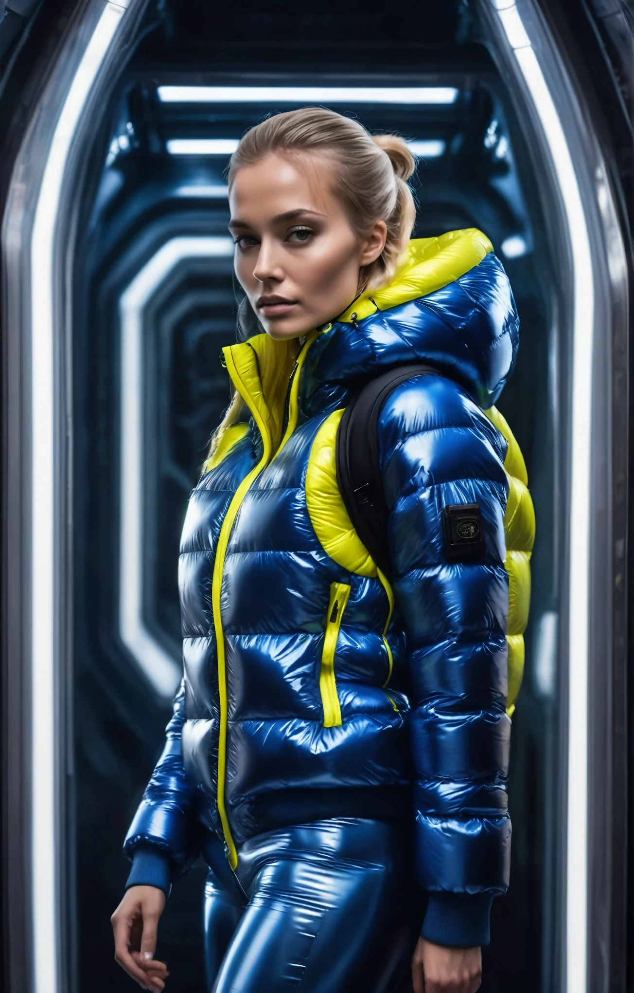 full body picture, show feet, masterpiece, best quality, intricately detailed, dramatic lighting, blonde woman, single ponytail, android, synthetic skin, translucent skin, indigo and yellow puffer suit, hood up,  looking at viewer, dark spaceship interior wearing oversized_puffer_jacket. hood up ohwx woman