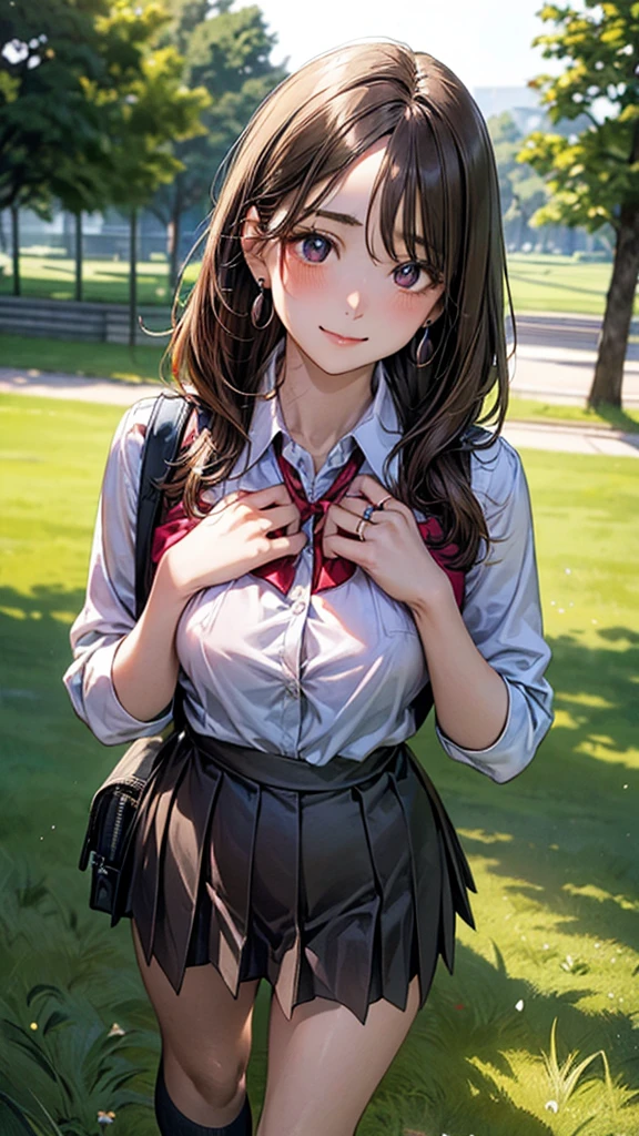 (masterpiece:1.2, top-quality), (realistic, photorealistic:1.4), beautiful illustration, (natural side lighting, movie lighting), 
looking at viewer, cowboy shot, front view:0.6, 1 girl, japanese, high school girl, perfect face, cute and symmetrical face, shiny skin, 
(long hair:1.8, straight hair:1.7, light brown hair), parted bangs, emerald green eyes, long eye lasher, (large breasts:0.9, thick thighs), 
beautiful hair, beautiful face, beautiful detailed eyes, beautiful clavicle, beautiful body, beautiful chest, beautiful thigh, beautiful legs, beautiful fingers, 
((, white collared shirts, black pleated mini skirt, black socks, brown loafers, red bow tie)), break, hoop ring earrings, pink panties, dark blue school bag, violet cardigan, break,
(beautiful scenery), evening, riverside, walking, hands on chest, (lovely smile, upper eyes), A masterpiece, top quality, highest definition, 32K, Standing alone in the grass in the meadow. A complete body. Perfect hands and legs. Thin, toned waist.

Face, bright red, flush, shy expression.
Her large breasts and nipples are standing out, even through her shirt. （The skirt is shorter than normal, but it is so short that you can almost see her panties.)The girl has brown hair.

(The skirt is extremely short.) The girl's hair is brown. one beautiful woman. Platinum blonde, In the grass of a meadow, a girl stands, slightly, legs open. A complete body. Complete hands and legs. Thin waist.

Her face, bright red, flush and shy.
You can see her nipples standing out, even through her shirt. Her breasts are so large that you can see them even through the top of her shirt. （The skirt is shorter than normal, but it is a very short mini-pleated skirt that almost reveals her panties.)The girl has brown hair.


(The skirt is extremely short.)