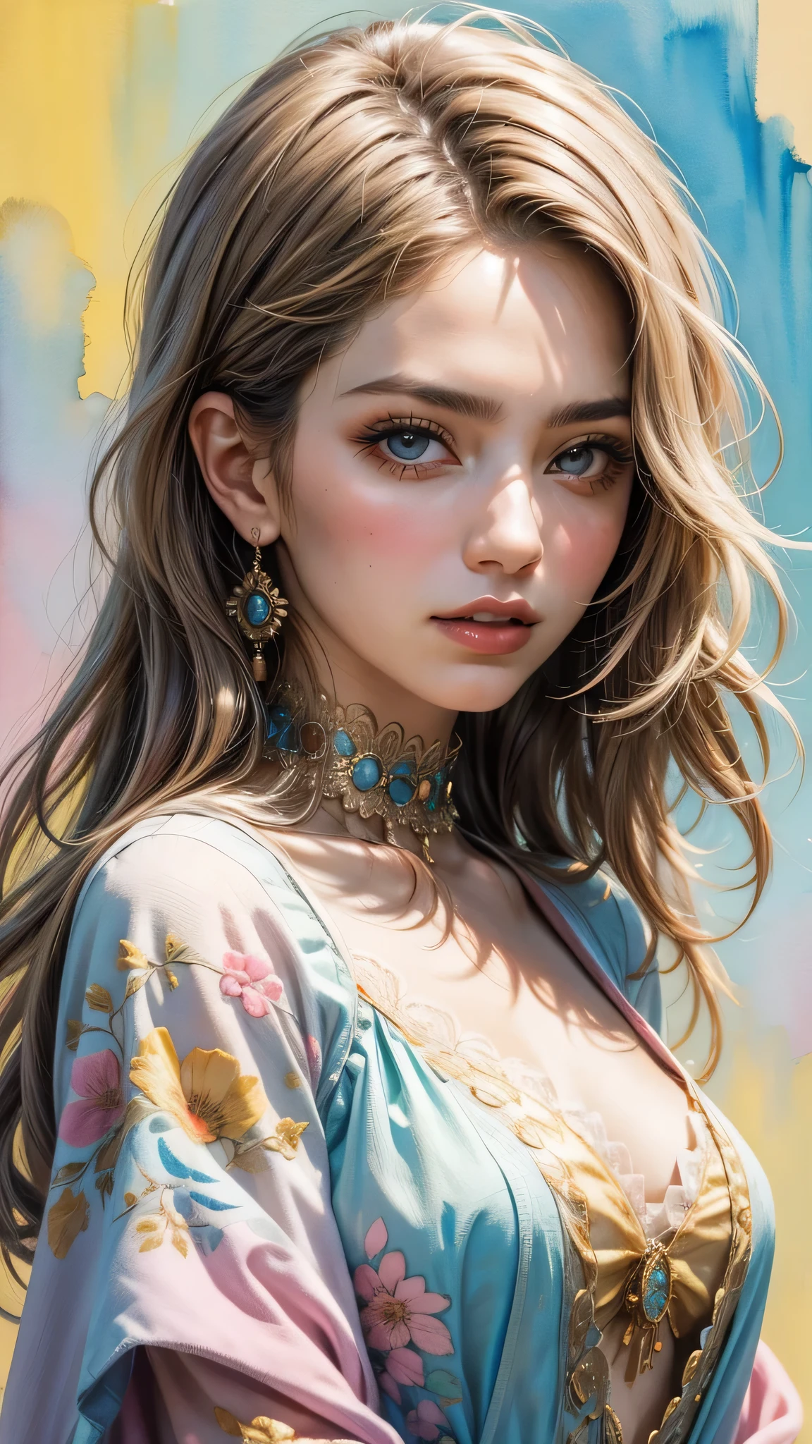 A captivating and ethereal watercolor painting of a bohemian woman, captured in a 3/4 view, with a pastel color palette that blends soft shades of blue, pink, and yellow. Her facial expression exudes confidence and charisma. The background is a simple, solid color that complements the vibrant hues of the painting. The overall effect evokes a sense of nostalgia., painting, illustration