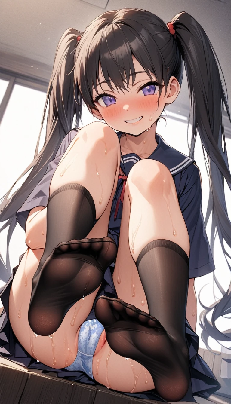beautiful girl、、Twin tails、Pleated skirt、Black knee socks、Highest quality, smile,Sit with your legs apart、Patterned panties、Sweaty buttocks、Sweaty crotch、Low Angle、Cowboy Shot、Show the soles of your feet、Steam from the soles of the feet、Sweaty feet、Stains from the pussy line