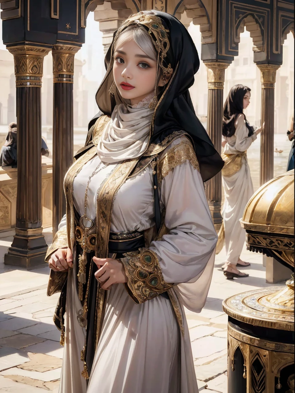 8k, masterpiece, 1 girl, beautiful face, very long hair, light makeup, detailed eyes, detailed lips, small figure, detailed dress, silver dress, (wearing jewellery:1.8), (silver lace:1.4), (loops:1.4) ((lake:1.4)),