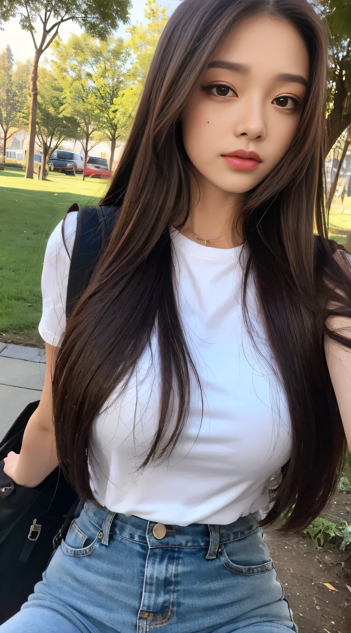 (natta, Need, 8k, tmasterpiece:1.3)), full bodyesbian, Long legs, Focalors:1.2, perfect figure beautiful woman:1.4, Slim abs:1.1, ((Dark brown hair, large tities:1.2 )), (Harnes，The shirt，Side head:1.2,), ((parks, :1.3)), Highly detailed facial and skin texture, A detailed eye, double eyelid，Flying long hair，backpacks,mountaineering