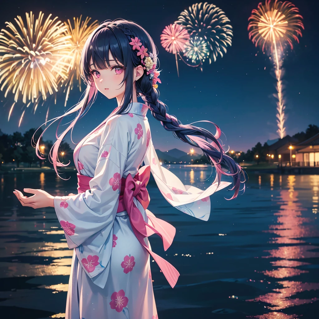 Sky Blue Medium Hair, (Braided hair),(Pink Eyes),Fair skin ,(whole body),(1 girl)、Floral Yukata、summer night、Fireworks on the lake、Big fireworks、Straight bangs,(masterpiece, Highest quality, Very detailed, Best Shadow), (Detailed Background), (Beautifully detailed face), High Contrast, (Best lighting, Very delicate and beautiful), ((Cinematic Light)), colorful, Hyper Detail 8k, Dramatic Light, Intricate details,Fireworks light reflected on the water