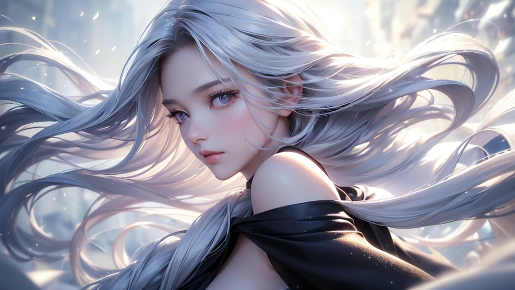 ((masterpiece:1.5、8k、Portraiture、フォトリアリスティックでVery detailedなCG、Very detailed、Particle Effects、Dynamic Effects、Shallow depth of field、Cinematic Light、Lens flare、Ray Tracing、Tabletop、Realistic:1.4、Ultra-high resolution:1.2、Realistic、Realistic))((alone、1 girl,A woman wearing a cashmere coat over an off-the-shoulder dress:1.4、Elegant woman posing、Look Up、Detailed face、bright表情、young, bright, Whiter skin、small breasts、Best Looks、Ultimate beauty、Shiny silver hair with highlights、bright and shiny hair,、Super long, Silky straight hair、Hair dancing in the wind))(morning、The setting is outdoors in the snow、Surrounded by illuminations)Wear warm clothes