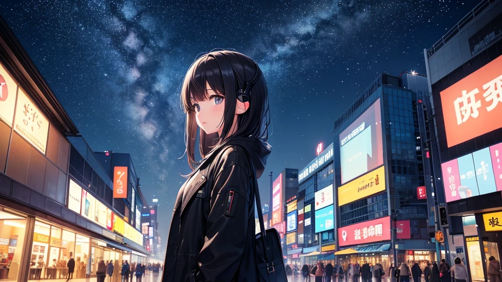 Standing in a place where you can see Kansai International Airport。A young girl with black hair wearing stylish clothes and headphones labeled "lo-fi" The girl is shown in profile, gazing into the distance with a calm, relaxed expression Background depicts the iconic scenery of Namba, Osaka at night, without any text on signs A starry night sky adding to the peaceful atmosphere Overall mood is quiet and serene, perfect for lo-fi music Detailed hair rendering and careful attention to the girl's fashionable outfit The entire scene should evoke a relaxing, introspective feeling associated with lo-fi music