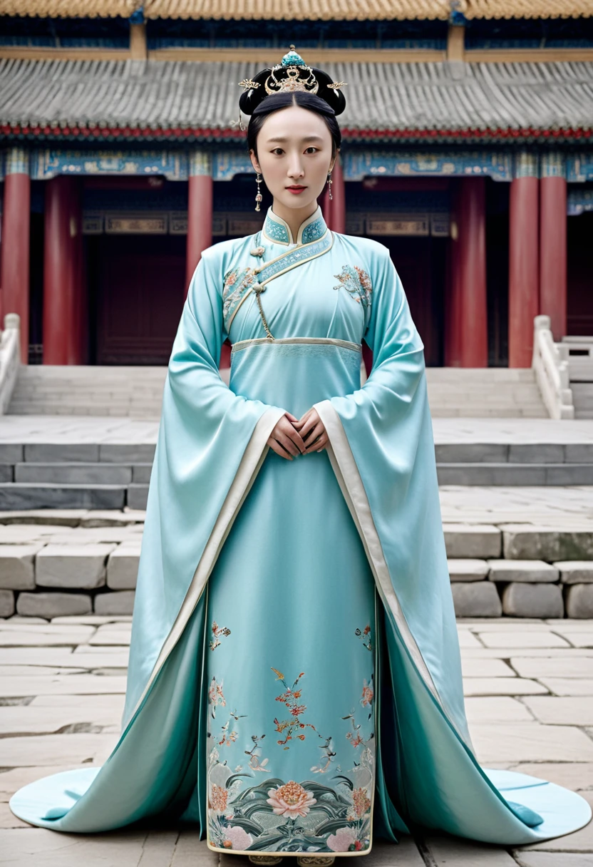 Chinese actress Zhou Xun in The Legend of Ruyi(Zhou Xun)Similar face seen from the front of the Qing Dynasty standing full body empress with big breasts, belly and hairy pussy
Nude without underwear, hairstyle, Chinese empress wearing large crown, outside the palace of the Qing Dynasty, stone paving