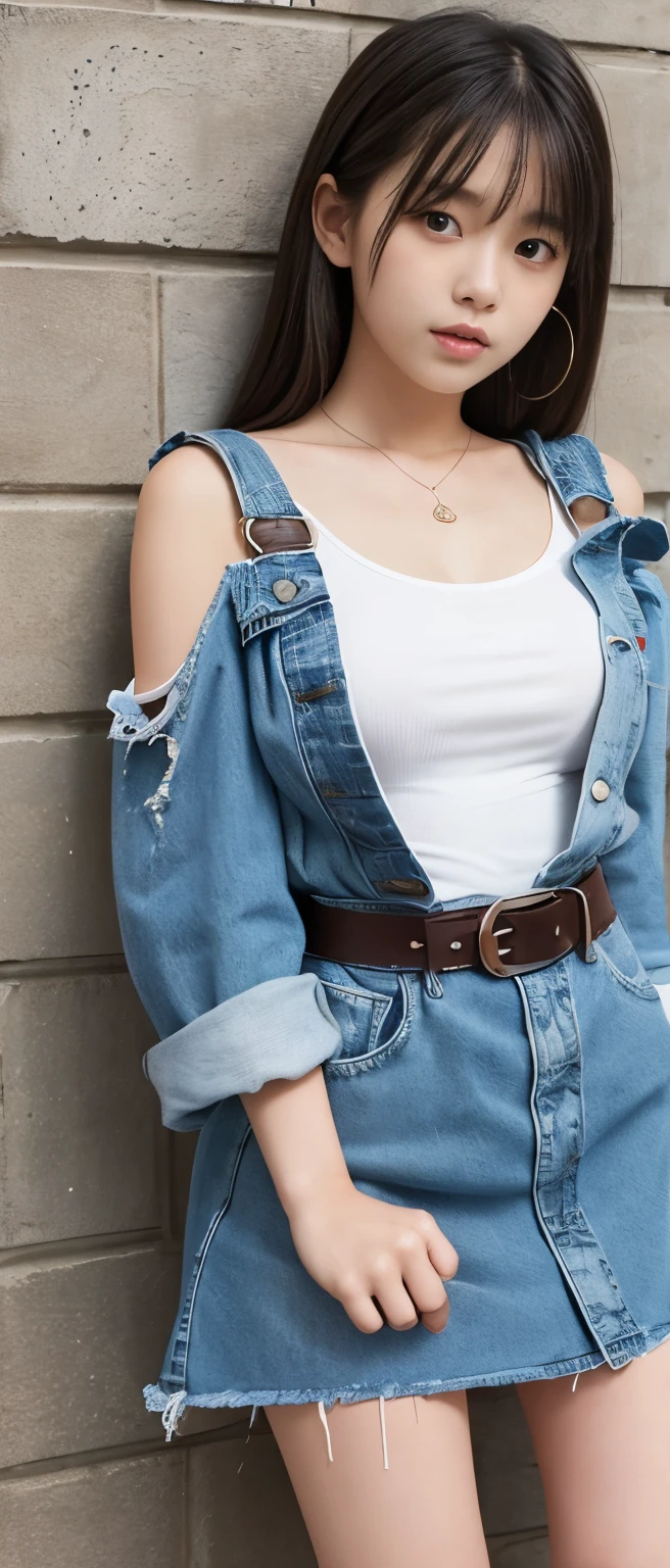 Cute Idol Girl、whole body、Good style、、、、、、、、、、Thick legs、Distressed denim dress with numerous holes(Torn sleeve、Cool belt)、Cool girl face、