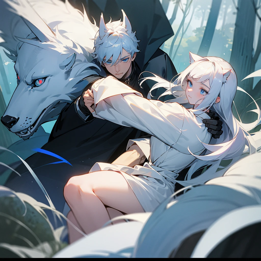 White hair-blue eyes boy, carrying a 16-year-old woman with ears in his arms, white beast in the middle of the forest, evening 