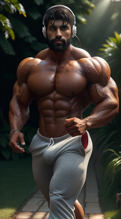 An award-winning original photo, wetty body and hair, water drops dripping, a wild handsome muscular indian man,( 20 years old:1.3), 1boy, Solo, (), (wetty bulge joggers), running in garden, from Front view, black hair, (big shoulders), musculature, stubbles, beard, headphones, Beautiful eyes:1.3, ), (Detailed face:1.3), dimples, (holded ), Dynamic front Angle view, volumetric lighting, (Best quality, A high resolution, Photorealistic), Cinematic lighting, Masterpiece, RAW photo, Intricate details, hdr, depth of field, upper body, His perfect huge bulge,masterpieces