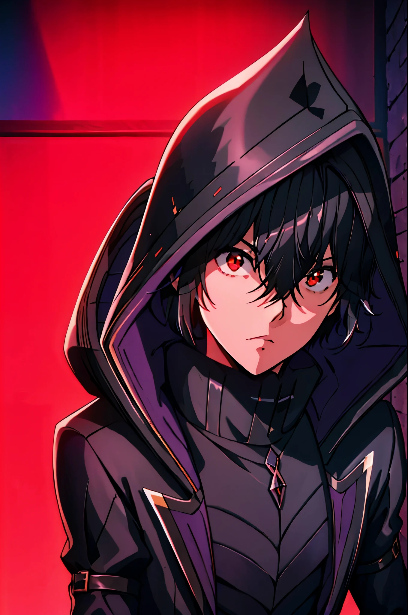 absurdres, (best quality), (masterpiece), (ultra detailed: 1.2), (photorealistic: 1.1), ultra high resolution, 1boy, black hair, hood, ground, hood up, red eyes, hair between eyes, short hair, black gloves, cape, long sleeves, coat, intricate detailed background, cinematic lighting, night, red moon, dark theme,