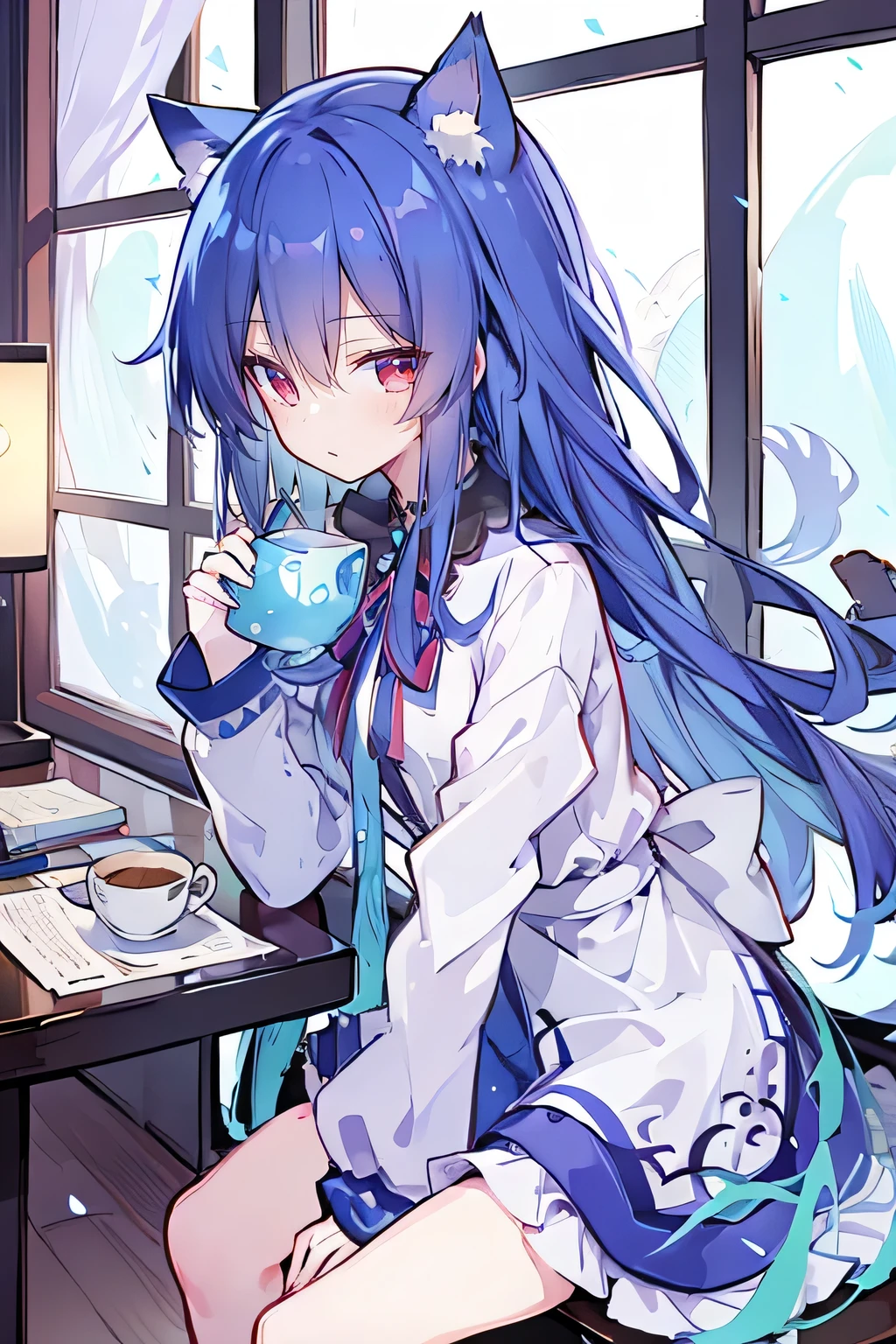 (Masterpiece:1.2),Ultra-detailed,lifelike,The eyes are expressive,Fair skin,Perfect face shape,1 girl,
Japanese Manga,Gorgeous blue hair,Flowing blue hair,Flowing clothes,Cat ears,Petals falling,Beautiful Lola,little angel,
Cross your legs,Gentle and peaceful background,Smile,Wearing a sweatshirt,Tokyo background,background,heavy snow,冬天 on window sill drinking coffee and looking out the window