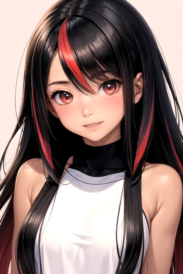 masterpiece, best quality, 8K, Very High Resolution, ((an anime girl), ((simple background)), (upper body, frontal face, straight-on: 1.3), (tanned skin: 1.2) BREAK black long hair, red streaked hair, highlights hair, pastel color eyeballs, happy smile
