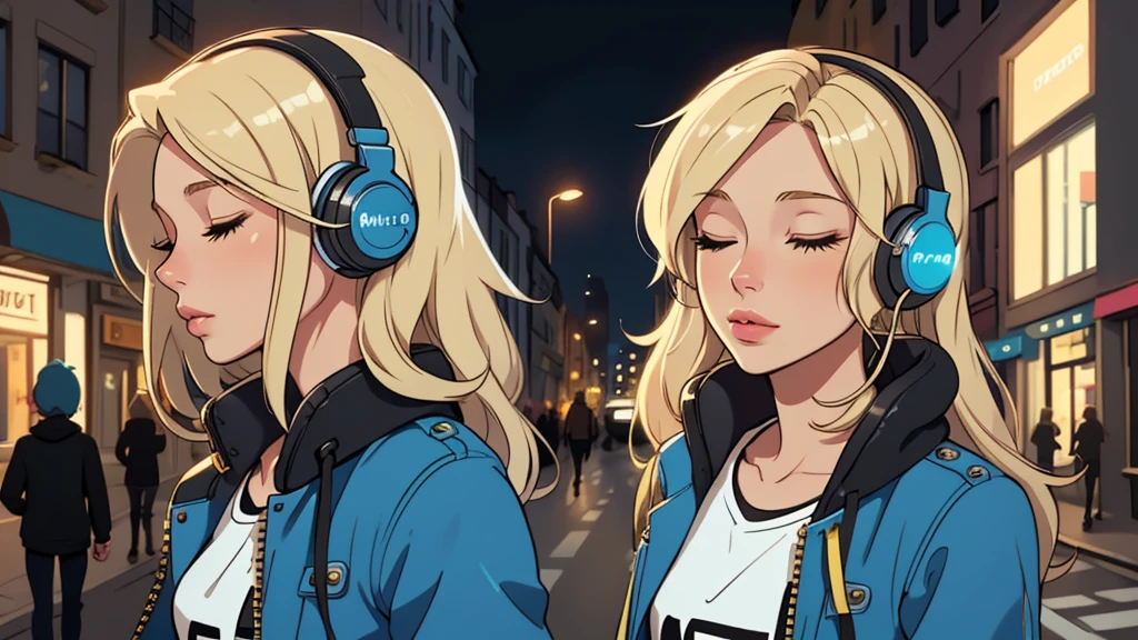 Street fashion girl, blue headphones,LOFI Stylish,night,Beautiful blonde hair woman in her 20s,close your eyes, LOFI Girl in street