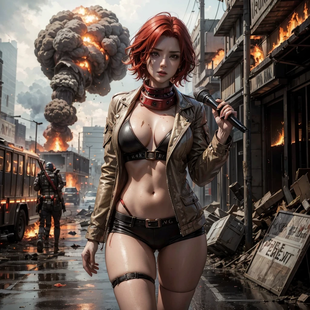 A female reporter with red hair holding a mic, A doomsday scene, chaotic, destruction, explosion, burning, meteorites rained down on the earth, post-apocalyptic