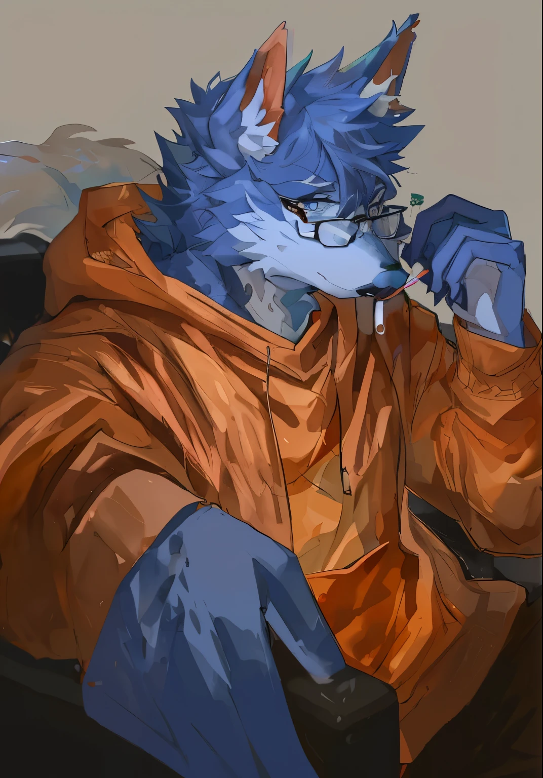 Watercolor style,Wolf,furry,Handsome,Fierce eyes,wearing glasses,Be on the loose,Eating a lollipop inside