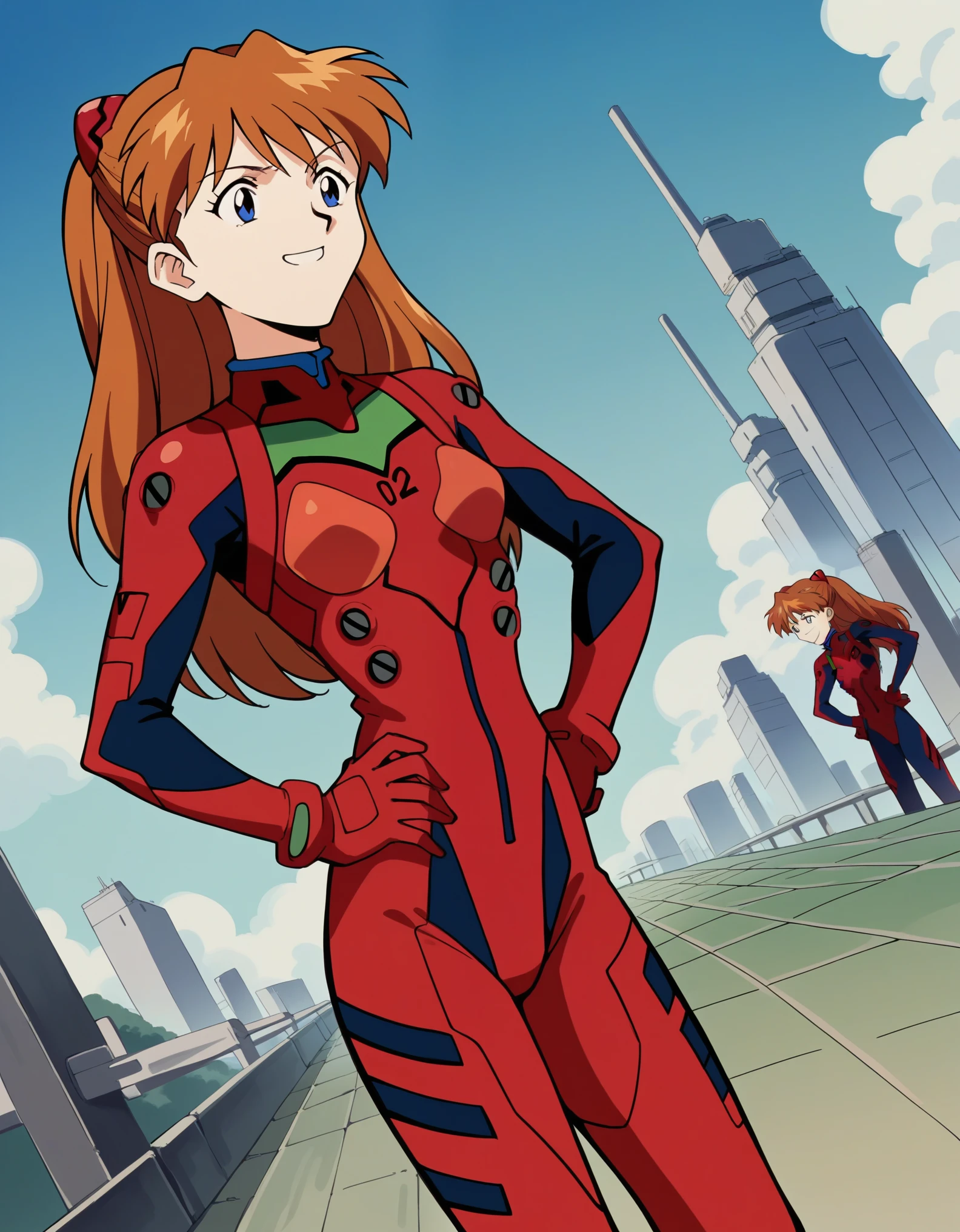 score_9, score_8_superior, score_7_superior, sauce_anime,
Soryu Asuka Langley, Soryu Asuka Langley, Long Hair, bangs, blue eyes, Brown Hair, hair ornaments,
Bodysuits, Pilot Suit, Plug Suit, red Bodysuits, Interface Headset,
Outdoor, Cityscape, Hands on hips, smile,Naked cowboy shots, View your viewers, alone, Dutch Angle,