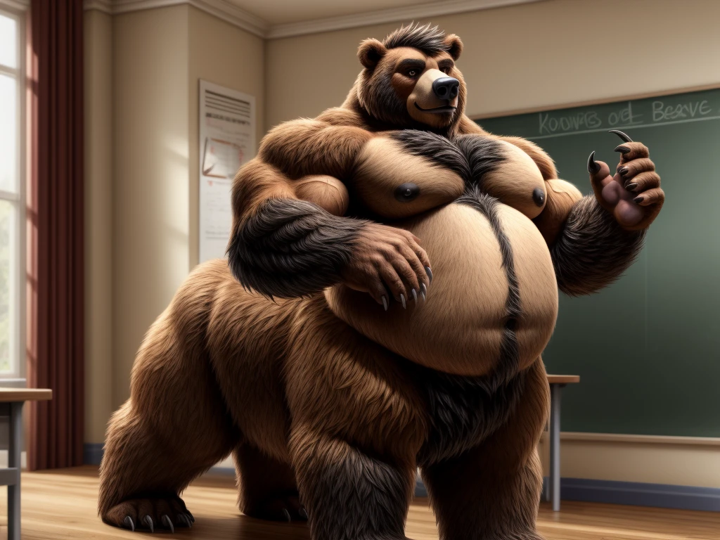 furry, fur taur, beartaur, human-like, anthro, middle-age, solo,1man, detailed face, bear ears, bear eyes(brown), bear nose(black), bear mouth, beard(grey), hair, mature hair(grey), detailed arm, thick arm, forearm hair, muscular, thick hands(5 fingers), thick claws, detailed body belly, thick body, muscle belly(white), thick chest, chest hair(white), nipples, detailed taur body, thick taur body, waist hair, thick bear paws, bear paws hair, thick bear claws, thick bear tail, full body shot, standing in the school