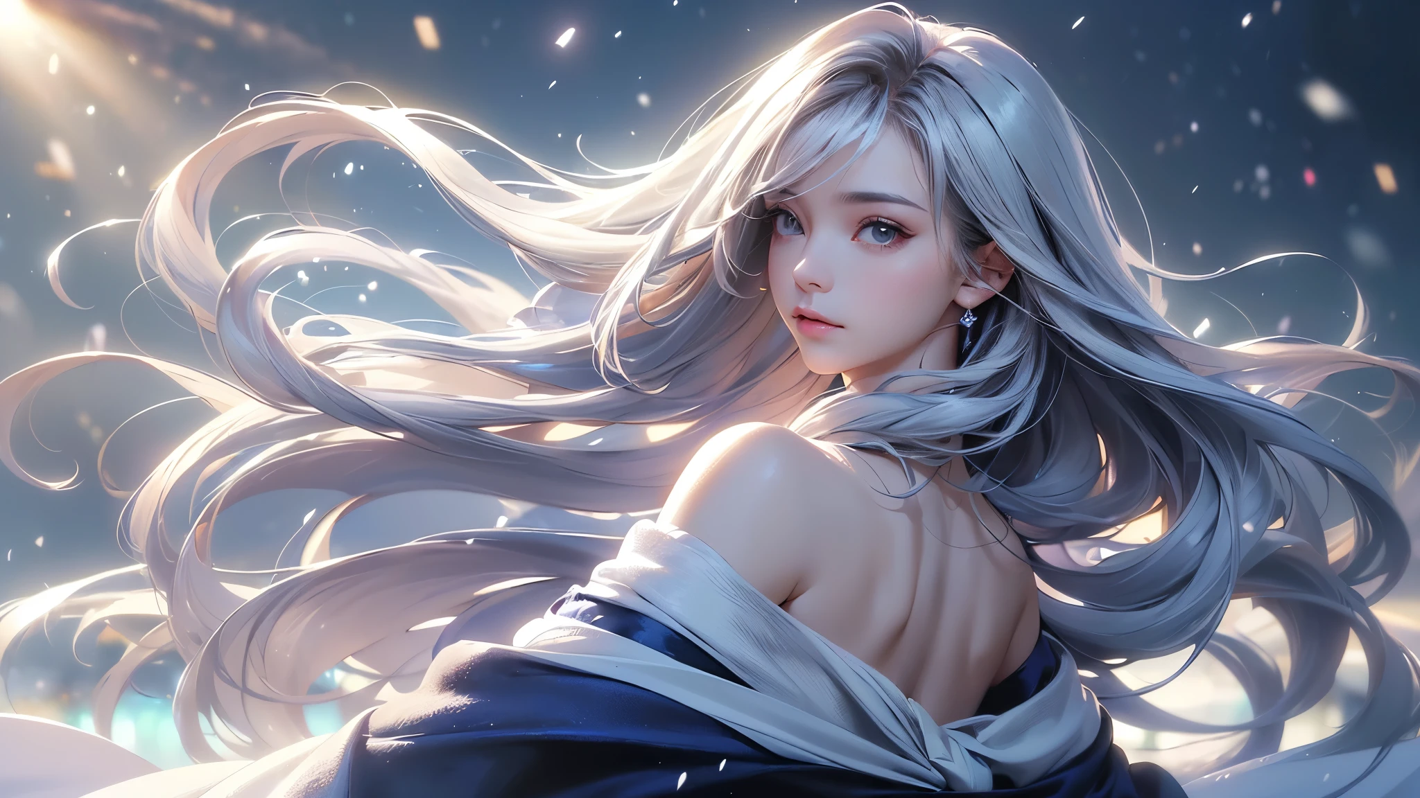 ((masterpiece:1.5、8k、Portraiture、フォトリアリスティックでVery detailedなCG、Very detailed、Particle Effects、Dynamic Effects、Shallow depth of field、Cinematic Light、Lens flare、Ray Tracing、Tabletop、Realistic:1.4、Ultra-high resolution:1.2、Realistic、Realistic))((alone、1 girl,A woman wearing a cashmere coat over an off-the-shoulder dress:1.4、Elegant woman posing、Look Up、Detailed face、bright表情、young, bright, Whiter skin、small breasts、Best Looks、Ultimate beauty、Shiny silver hair with highlights、bright and shiny hair,、Super long, Silky straight hair、Hair dancing in the wind))(morning、The setting is outdoors in the snow、Surrounded by illuminations)Wear warm clothes