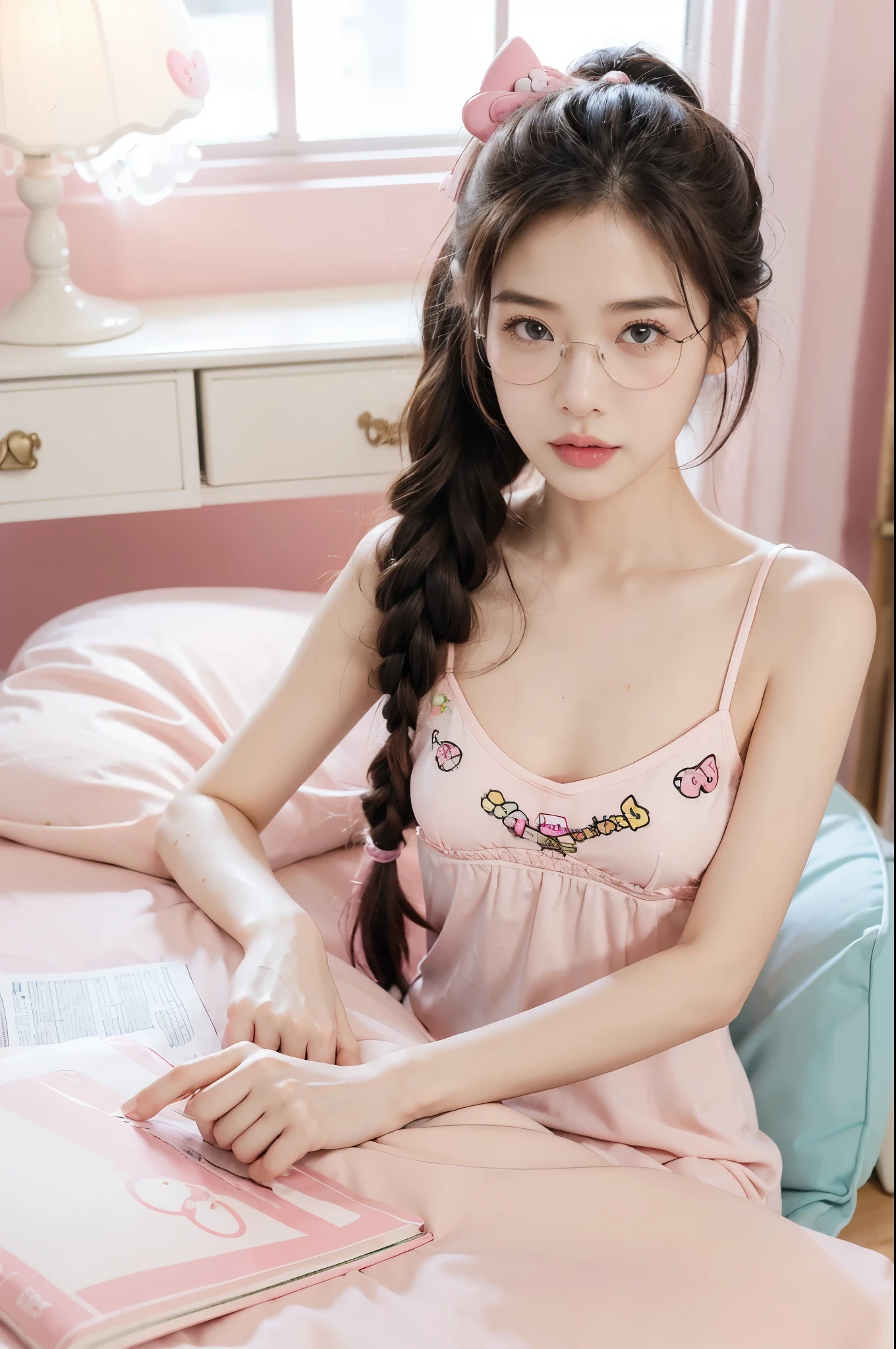 (((best quality))),(((ultra detailed))),(((masterpiece))),illustration,((1 beautiful girl,solo)),(short ponytail:1.2),((slim,thin)),((small breasts,flat chest)),(bright curious eyes:1.2), (glasses:1.3),(pink sundress with white Hello Kitty logo:1.3),((sweat,wet)),(Hello Kitty-themed bedroom:1.3),(beside the cluttered desk:1.3),((assignments,books, papers, computer)), ((pink walls, Hello Kitty posters, pink bedding)), open window, gentle breeze, streetlights, youthful innocence, determination,summer, hard work, passion, youthful energy,((from front,upper body)),(night scene:1.3)