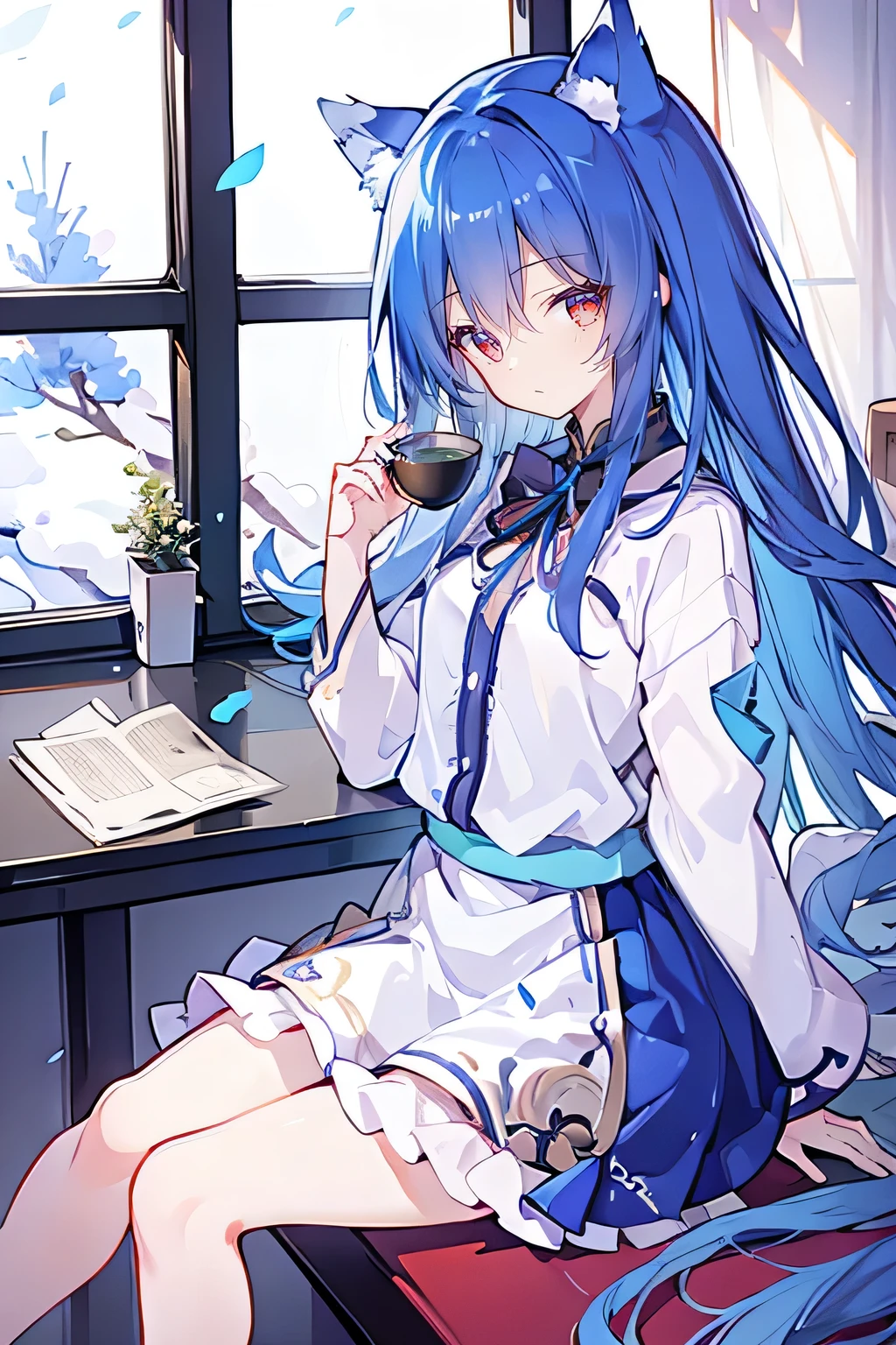 (Masterpiece:1.2)，Ultra-detailed，lifelike，The eyes are expressive，Fair skin，Perfect face shape，1 girl，
Japanese Manga，Gorgeous blue hair，Flowing blue hair，Flowing clothes，Cat ears，Petals falling，Beautiful Lola，little angel，
Cross your legs，Gentle and peaceful background，Smile，Wearing a sweatshirt，Tokyo background，background，heavy snow，冬天 on window sill drinking coffee and looking out the window