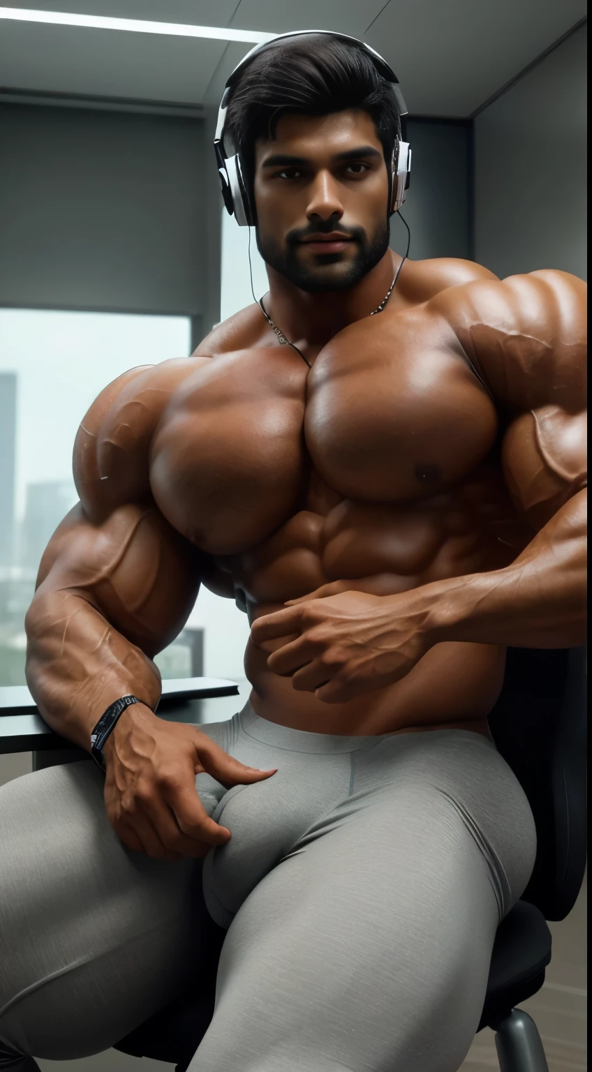 An award-winning original photo, little smiled, dimples, a wild handsome muscular indian man,( 20 years old:1.3), 1boy, Solo, (looking in camera), (tight underwear), sitting on chair in luxury office, from Front view, black hair, (big shoulders), musculature, stubbles, beard, headphones, Beautiful eyes:1.3, ), (Detailed face:1.3), dimples, (holded penis), Dynamic front Angle view, volumetric lighting, (Best quality, A high resolution, Photorealistic), Cinematic lighting, Masterpiece, RAW photo, Intricate details, hdr, depth of field, upper body, His perfect huge bulge,masterpieces