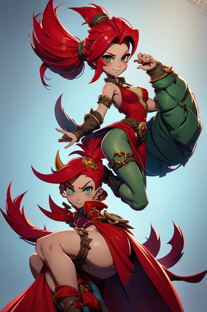 Rayman Legends style tree, character estilo art rayman legends, girl and boy, fully body, viking style, Giant Accessories,Giant Monster, sensuality, red dress