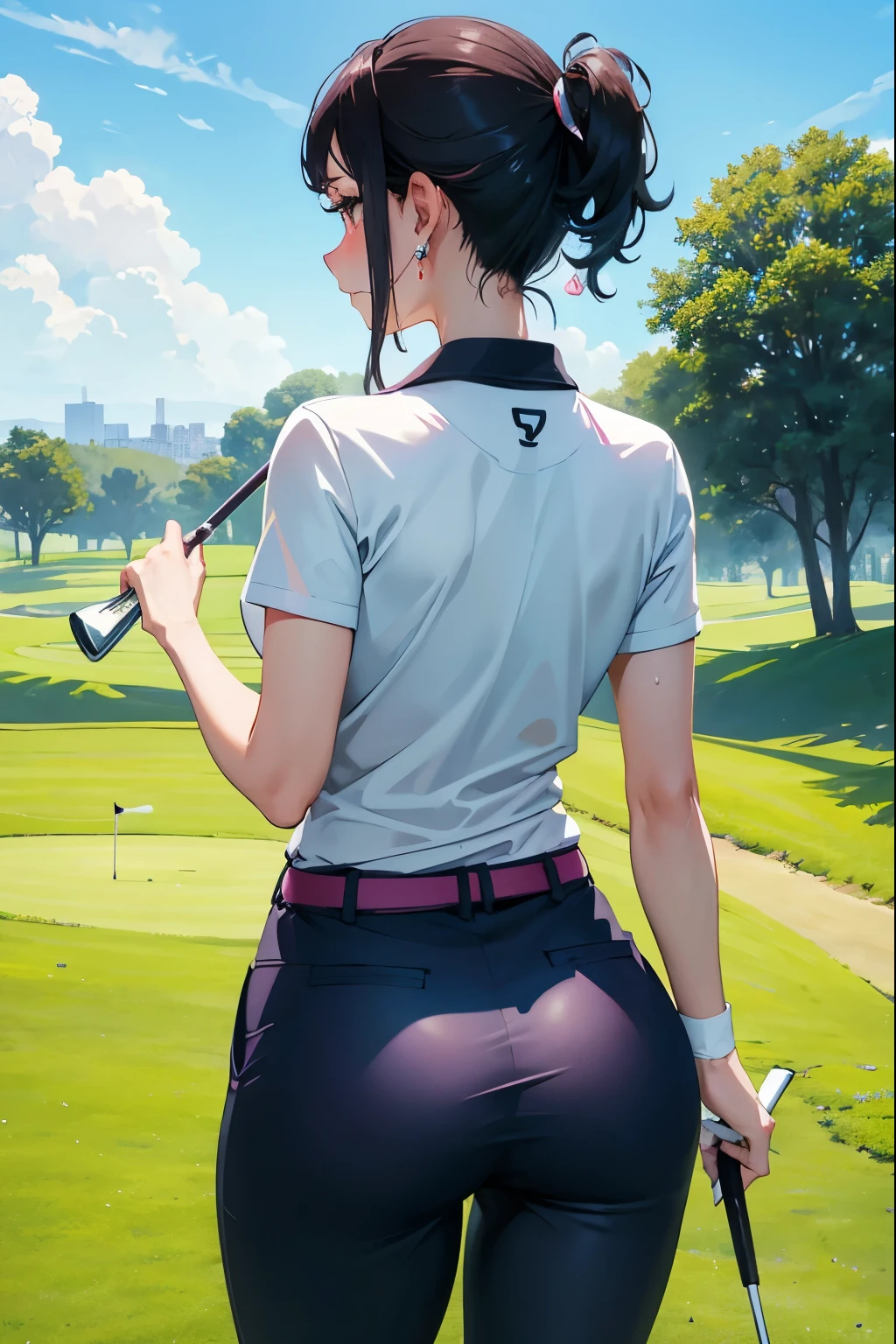 Golf Beauty、Enchanting Girl、Adorable expression、1 realistic club、Earrings、Vibrant、Sweat、game、Holding a golf club、Back view、Beautiful buttocks、Golf course、Bend