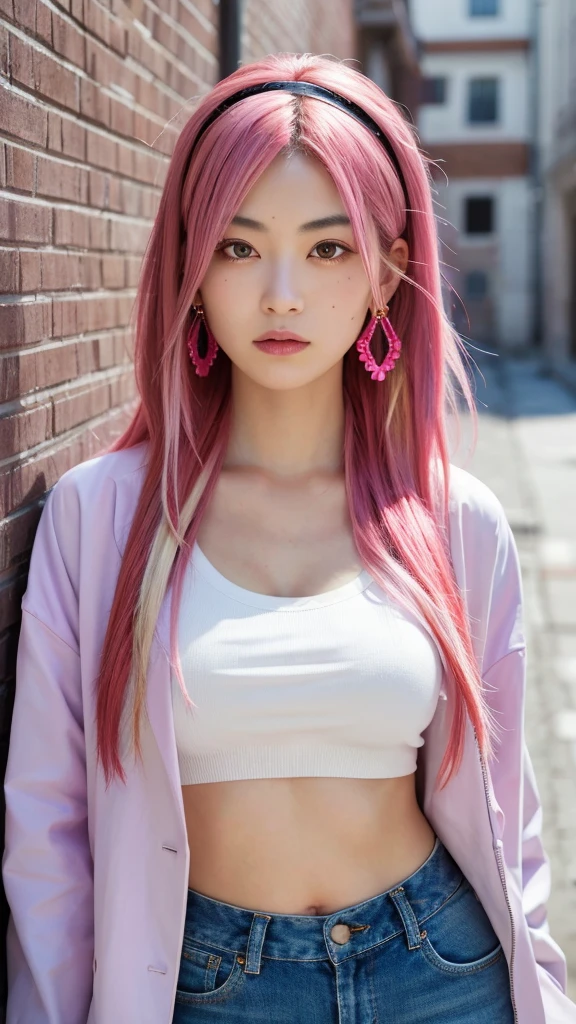 (masterpiece, highest quality, 8K, one japanese girl, alone, intricate details, chromatic aberration), photograph, realistic, ((Medium breathing)),long hair, pink hair, Red headdress, pink highlights, hair above one eye,purple eyes, earrings, Neon Shirt, open jacket, crop top, (eye of symmetry),(perfect symmetrical body),towards the wall, brick wall, graffiti, dim lighting, alley ,look at the audience
