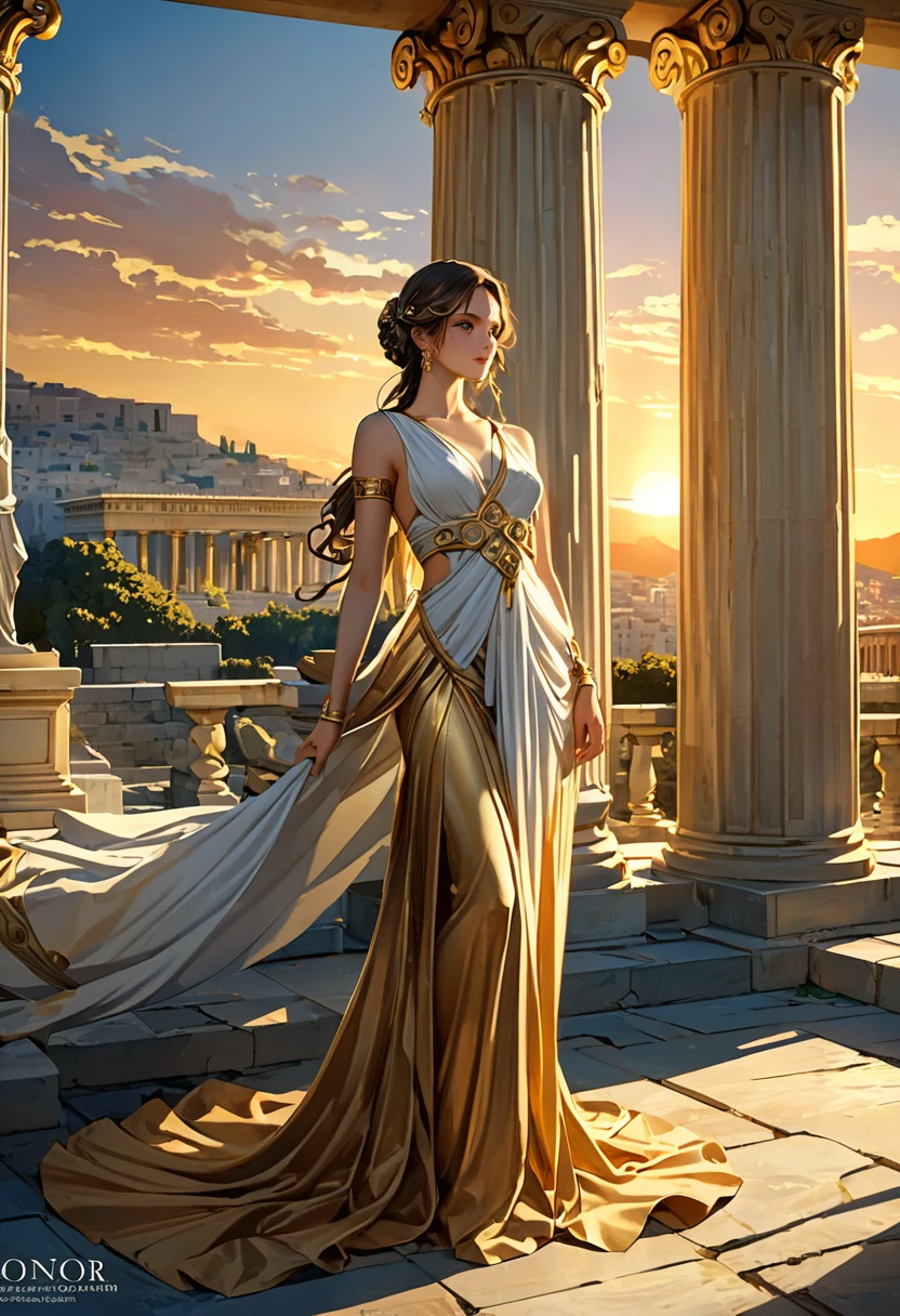 Greek mythology statue elegant ornate greek goddess,Statue of classical beauty in elegant pose wearing flowing skirt. Artist professional master work with majestic ancient Greek city architecture in the background,Sacred finely carved textured colonnade,Ultra-fine coating ,Serene atmosphere warm golden tones golden light delicate light and shadow greek sunset epic landscape, Honor appearance, An extremely detailed description of the complex details of film composition, light and shadow effects, High resolution illustration best quality very majestic beautiful city