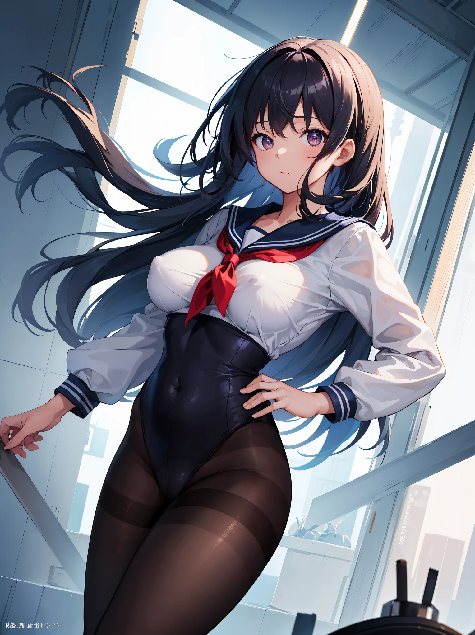(1 Girl:1.2),(high quality), (High resolution), (Very detailed), (8k),(Demolition paperback correct)、Sexy Lingerie、Wearing a sailor uniform、((Focus on the whole body))、Nipple Shape、((Black Pantyhose))、Hair messed up by strong wind、Neutral White Lighting,Sexy pose、