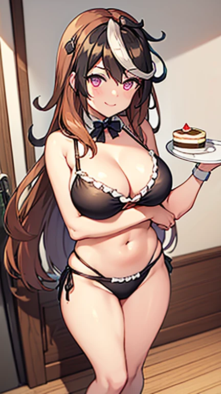 1 woman, solo, full body, standing, cafe, long hair, breasts, looking at viewer, smiling, large breasts, black hair, strappy sandals, bow tie, belly button, holding, cleavage, swimsuit, bikini, thighs, frills, food, bow tie, stomach, wrist cuffs, maid, maid headdress, single braid, detachable collar, side-tie bikini bottoms, black bikini, string bikini, plate, tray, frilled bikini, cake, holding tray, maid bikini