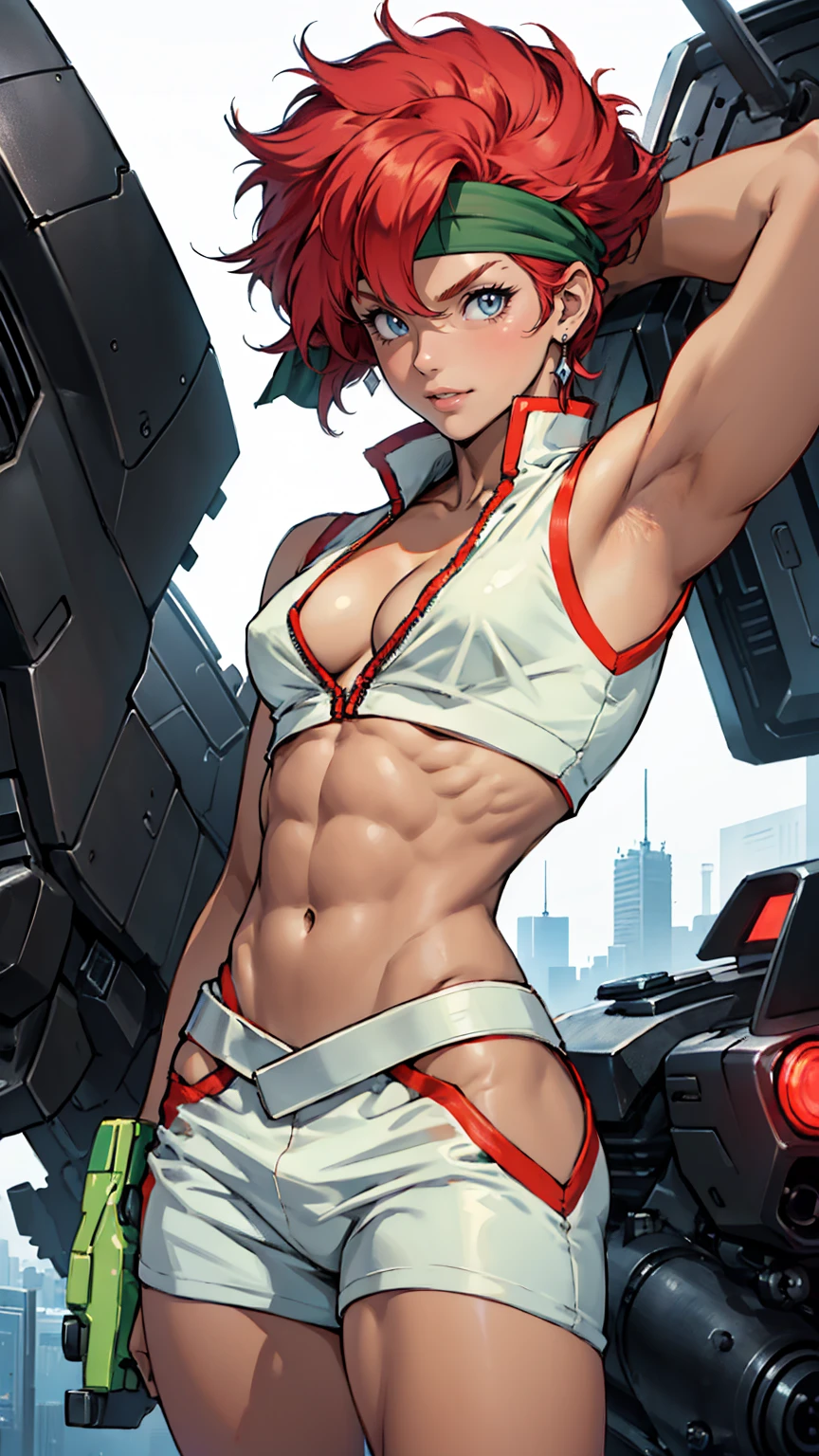 score_9, score_8_up, score_7_up, score_6_up, score_5_up, score_4_up, ((masterpiece, highest quality:1.3)), amazing quality, beautiful details, highly detailed, extremely thin, 16k, exquisite, abs urd, high resolution, beautiful background, detailed background, beautiful eyes, beautiful skin, anime style, dirtypairkei, (((1Girl, solo))), soft smile, kei from dirty pair wearing white high waisted outfit, cleavage, bushy redhead beauty, white uniform, cameltoe, wearing tight clothing, revealing, (mid chest:1.2), cleavage, cleavage, (muscular body:1.2), abs, obliques, muscular biceps, thin waist, thin thighs, thigh gap, showing belly, skinny, thin hips, (action poses, overreactions), cyberpunk city background, holding retro space gun BREAK Green headband, emerald green headband