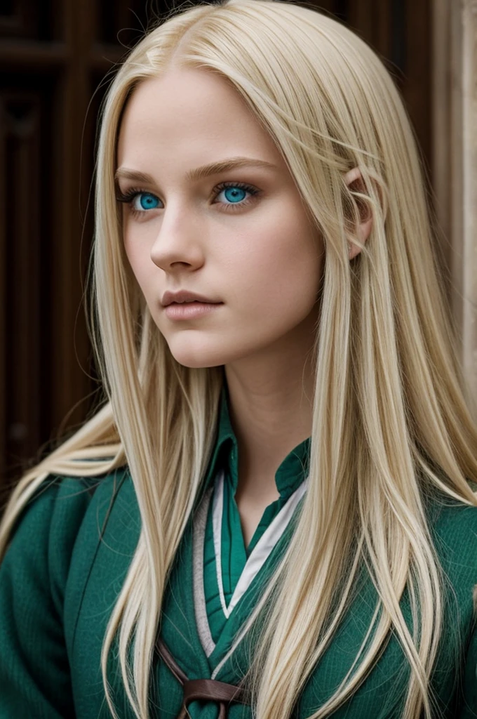 A Hogwarts student from the house Slytherin with long light blonde hair, ice blue eyes and relatively sharp facial features with full lips
