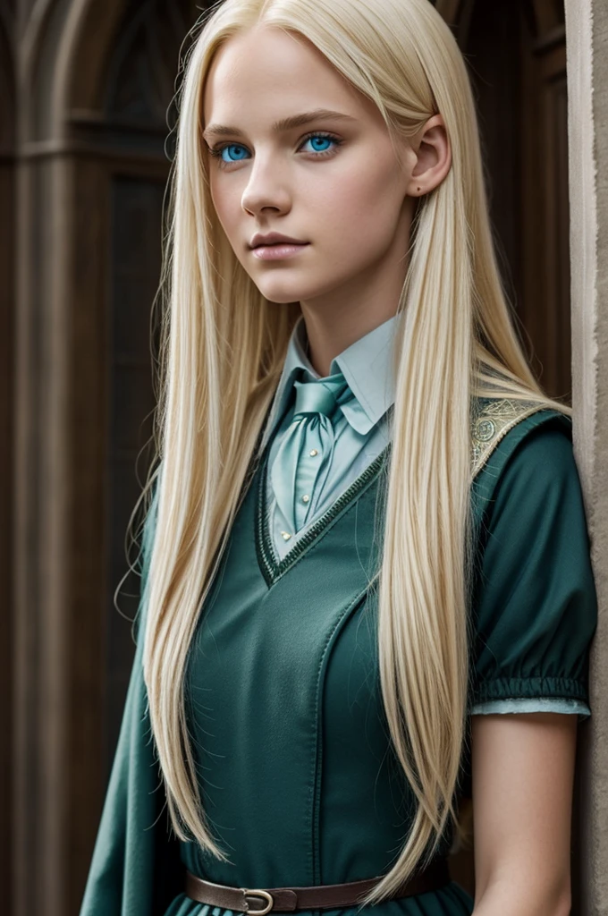A Hogwarts student from the house Slytherin with long light blonde hair, ice blue eyes and relatively sharp facial features with full lips