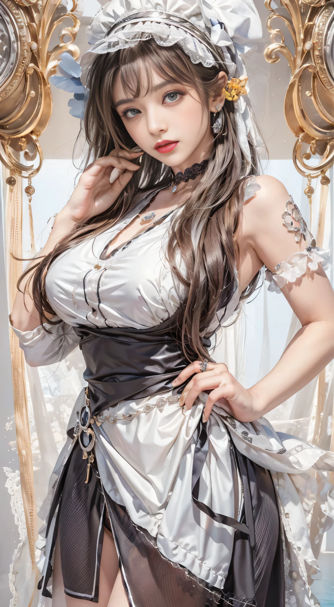 8k, masterpiece, 1 girl, beautiful face, very long hair, light makeup, detailed eyes, detailed lips, small figure, detailed dress, silver dress, (wearing jewellery:1.8), (silver lace:1.4), (loops:1.4) ((lake:1.4)),