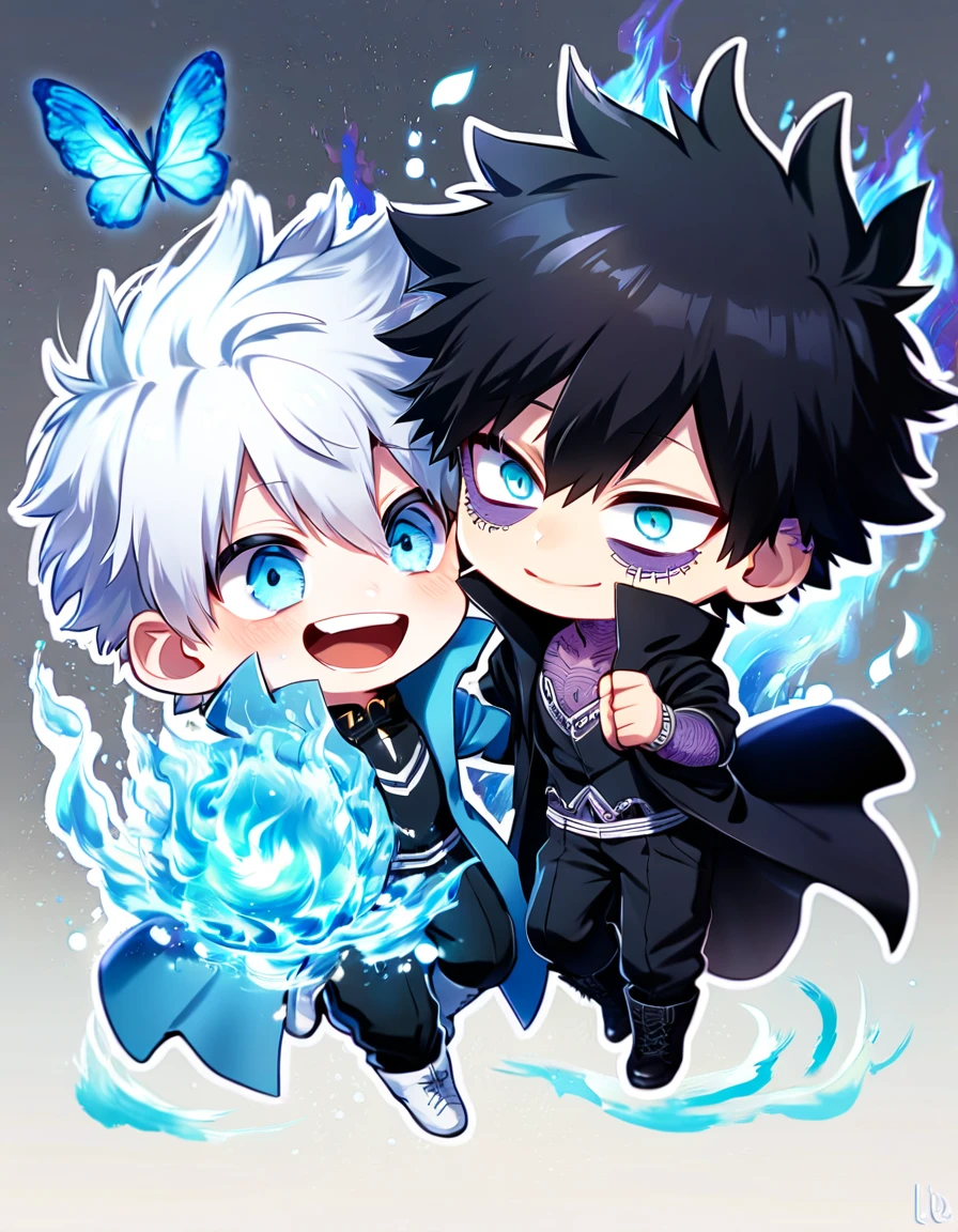 absurdres, highres, ultra detailed, HDR, master piece, best quality, extremely detailed face, delicated features, Dabi chibi, black hair, expressive turquoise eyes, Boku No Hero Academia, Gojou Satoru chibi, white hair, expressive blue eyes, white eyelashes, two boys together, yaoi, gay couple, small, cute, smiling, black coat, black pants, black boots, light-blue coat, white boots, fantasy, magical, blue fire butterflies, fire flowers, blue fire, blue flames, blue fire in the background