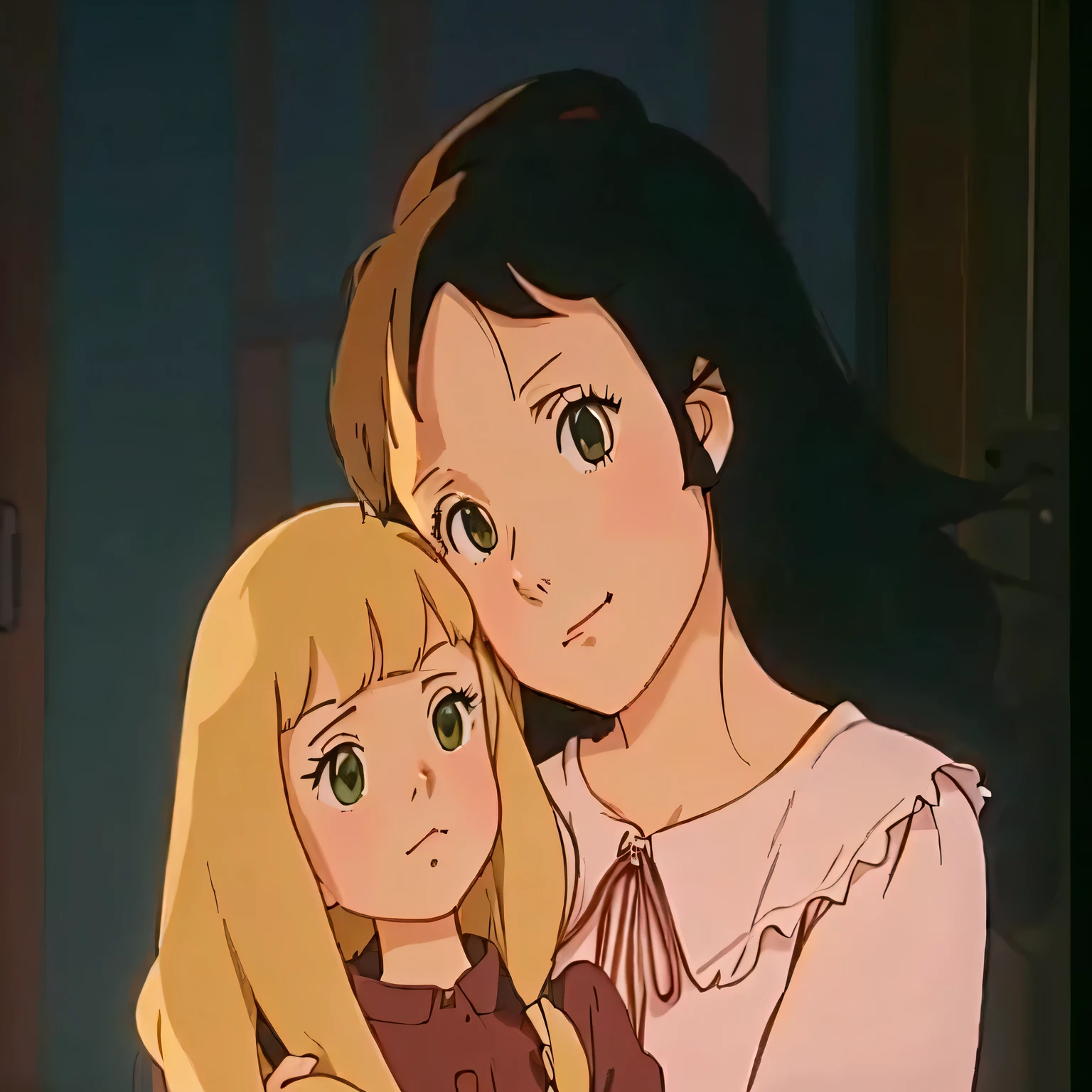 Close-up of a cartoon of a woman holding a doll, Style in Ghibli anime, Style in Ghibli anime style, Vintage shoujo, Retro anime image, A shot from the anime movie, In the anime movie, Screenshot of the Studio Ghibli anime, In the Studio Ghibli anime movie, From the Studio Ghibli movie, Studio Ghibli and Shinkai Makoto, Still from the anime