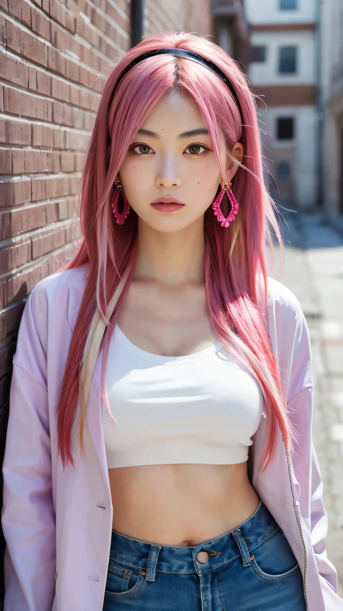 (masterpiece, highest quality, 8K, one japanese girl, alone, intricate details, chromatic aberration), photograph, realistic, ((Medium breathing)),long hair, pink hair, Red headdress, pink highlights, hair above one eye,purple eyes, earrings, Neon Shirt, open jacket, crop top, (eye of symmetry),(perfect symmetrical body),towards the wall, brick wall, graffiti, dim lighting, alley ,look at the audience