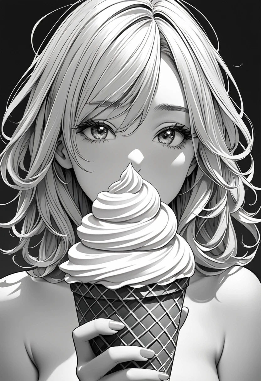 vivid color, colorful soft serve ice cream, background pastel color, BREAK (ultra detailed, absolutely resolution, best quality:1.3), monochrome, pencil sketch art, cute woman, amorous and lewd face, mouth half open, sighing, messy hair, great proportion, loose clothing, 2.5D, delicate and dynamic, shading effects, hyper realistic