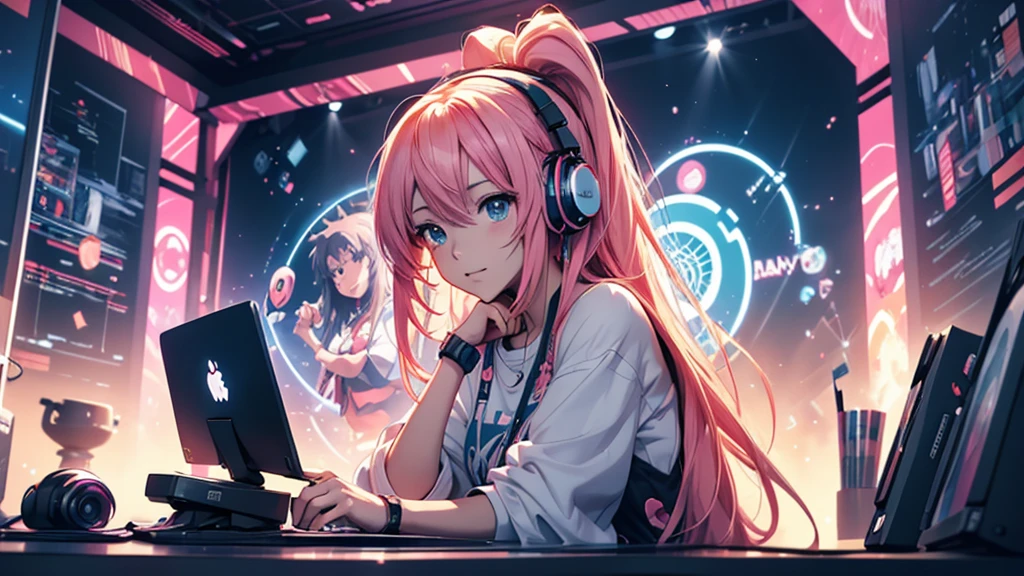 Woman wearing headphones, Anime Style 4 k, anime wallpaper 4k, anime wallpaper 4k, 4k anime wallpaper, anime art wallpaper 4k, anime art wallpaper 4k, Anime Style. 8k, Anime atmosphere, , Ultra HD Anime Wallpaper, Anime Art Wallpaper 8K, Anime Background,landscape、record、DJing、Turntable、macbook