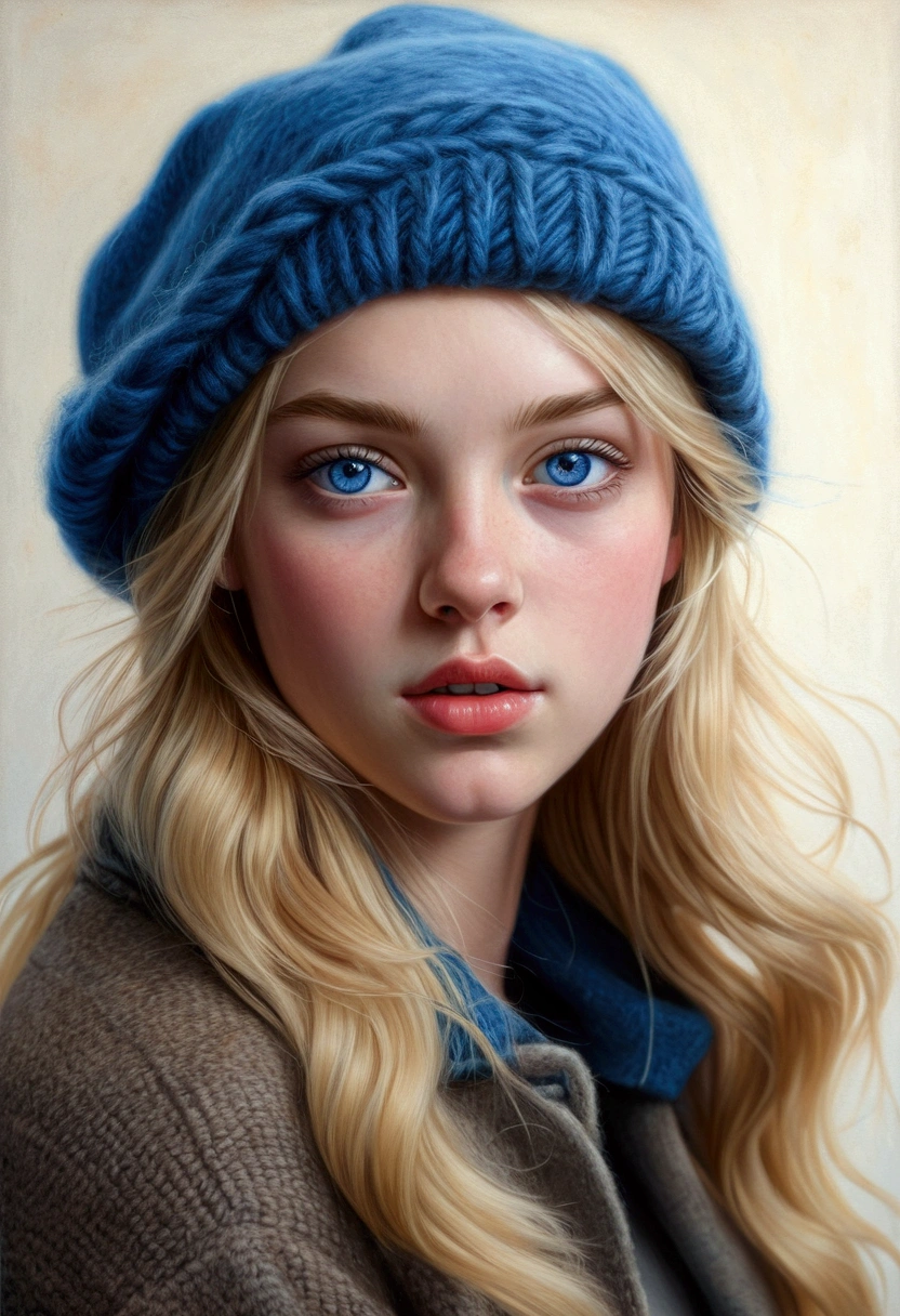 (The best quality,girlish:1.2,age girl,beautiful blue eyes,blond hair,with wool hat,Posing,in front of the camera),ultra detailed,(realist,fotorrealist,fotorrealist:1.37),illustration, vibrant colors,soft lighting sexy naked