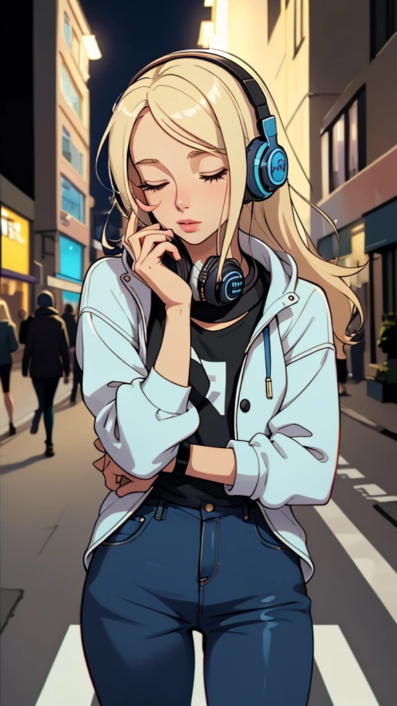 Street fashion girl, blue headphones,LOFI Stylish,night,Beautiful blonde hair woman in her 20s,close your eyes, LOFI Girl in street