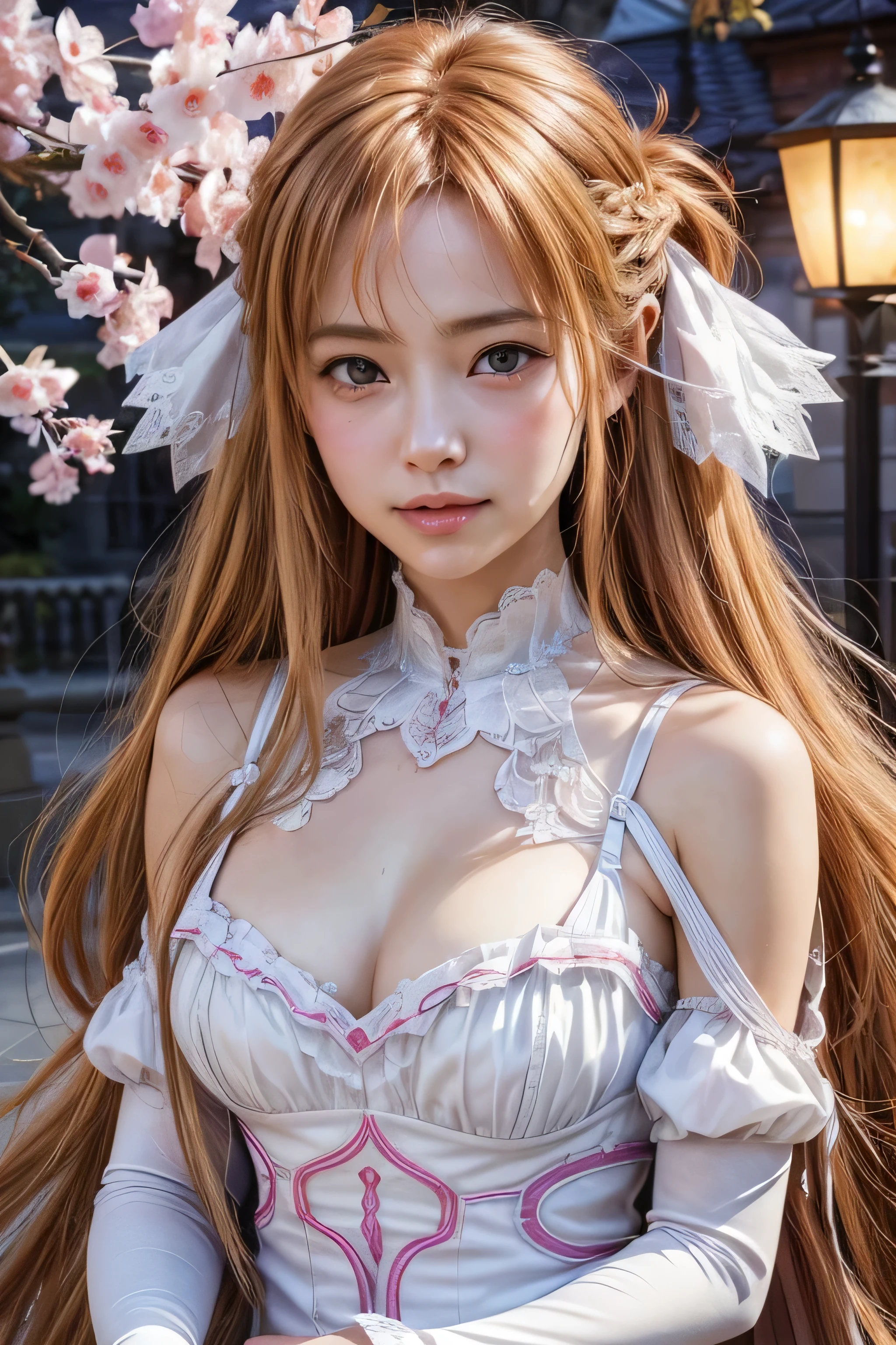 masterpiece, best quality, (realistic,photo-realistic:1.4), (RAW photo:1.2), extremely detailed CG unity 8k wallpaper, delicate and beautiful, amazing,finely detail, official art, absurdres, incredibly absurdres, huge filesize, ultra-detailed,extremely detailed eyes and face,light on face,yuuki asuna,(little smile),(caramel hair:1.4),(long hair:1.4),(wearing dress:1.4),(night background:1.4),hair ribbon 