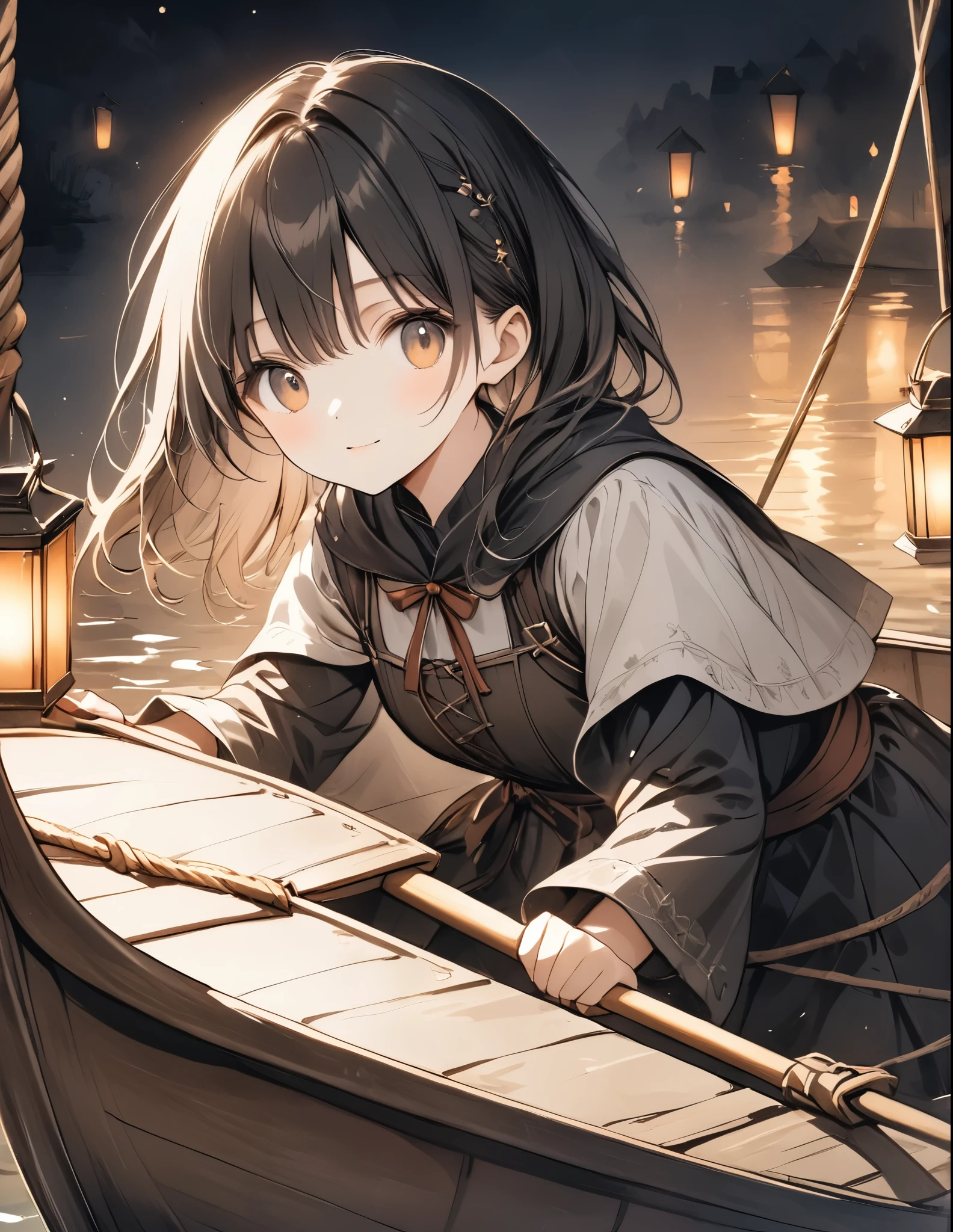 Watercolor,Sepia stained old paper、fading border, negative space、High Contrast、(8k, Highest quality)、Ultra-high resolution、Adorable、Highest quality, beautiful, Absurd beauty、masterpiece、Best image quality、Woman rowing a small boat,Medieval boat,There is a lantern on the bow of the boat.、cute、Close-up